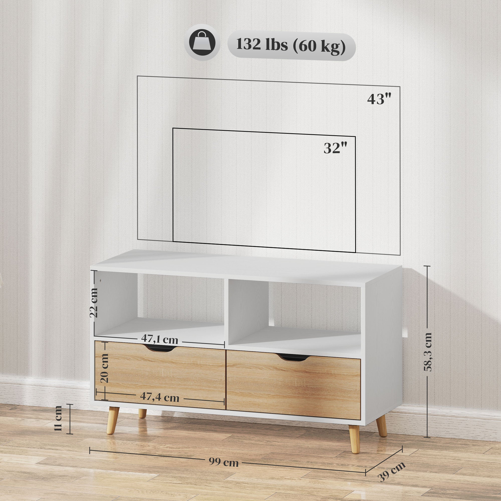TV Cabinet Lowboard with 2 Shelves, Drawer, 99 cm long TV Stand for Television, TV Unit for Living Room, White, 99 x 39 x 58.3 cm