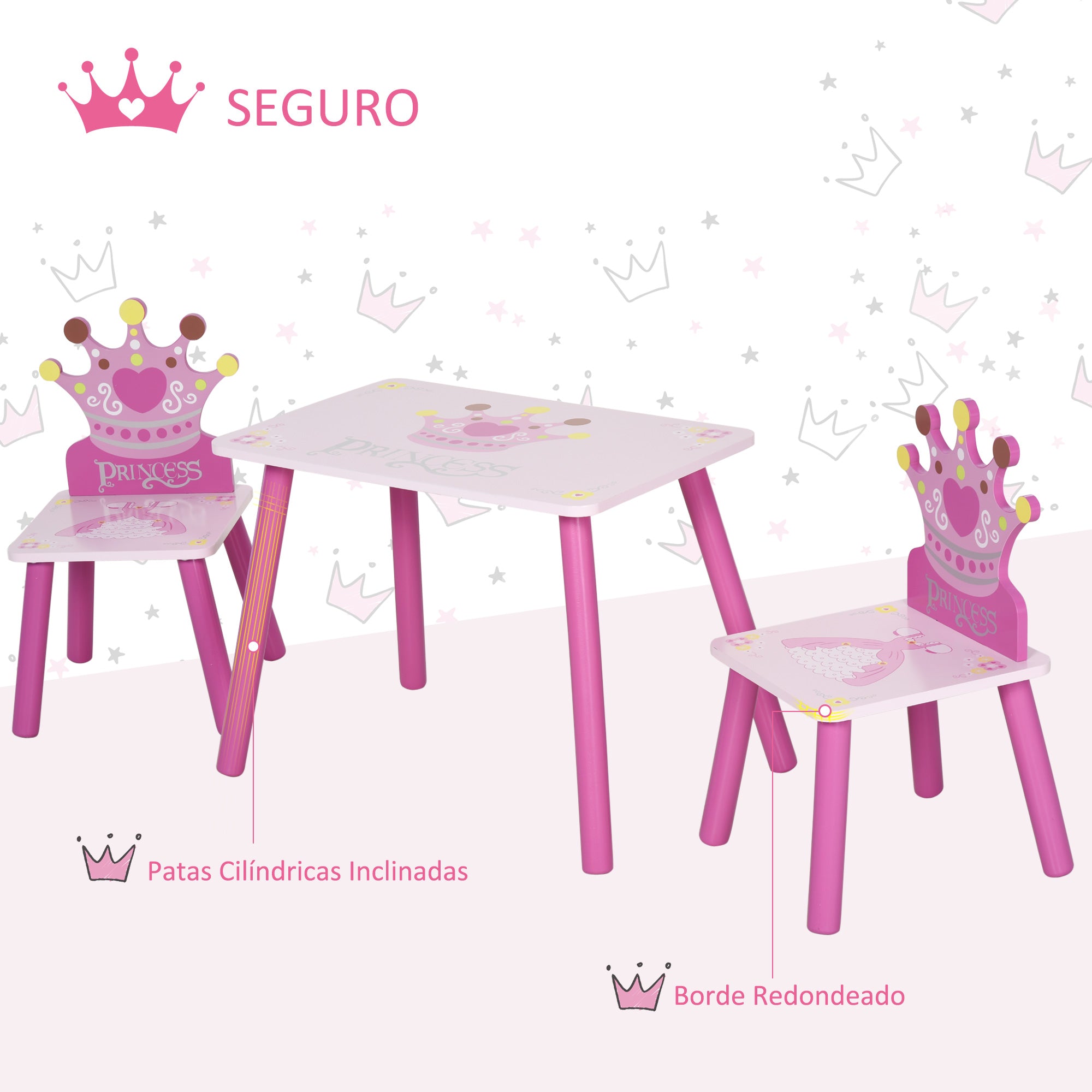 Children's Wooden Table and 2 Chairs Set Table 55x34x42 cm Chairs 28x26x50 cm for 2-4 Years Bedroom Pink