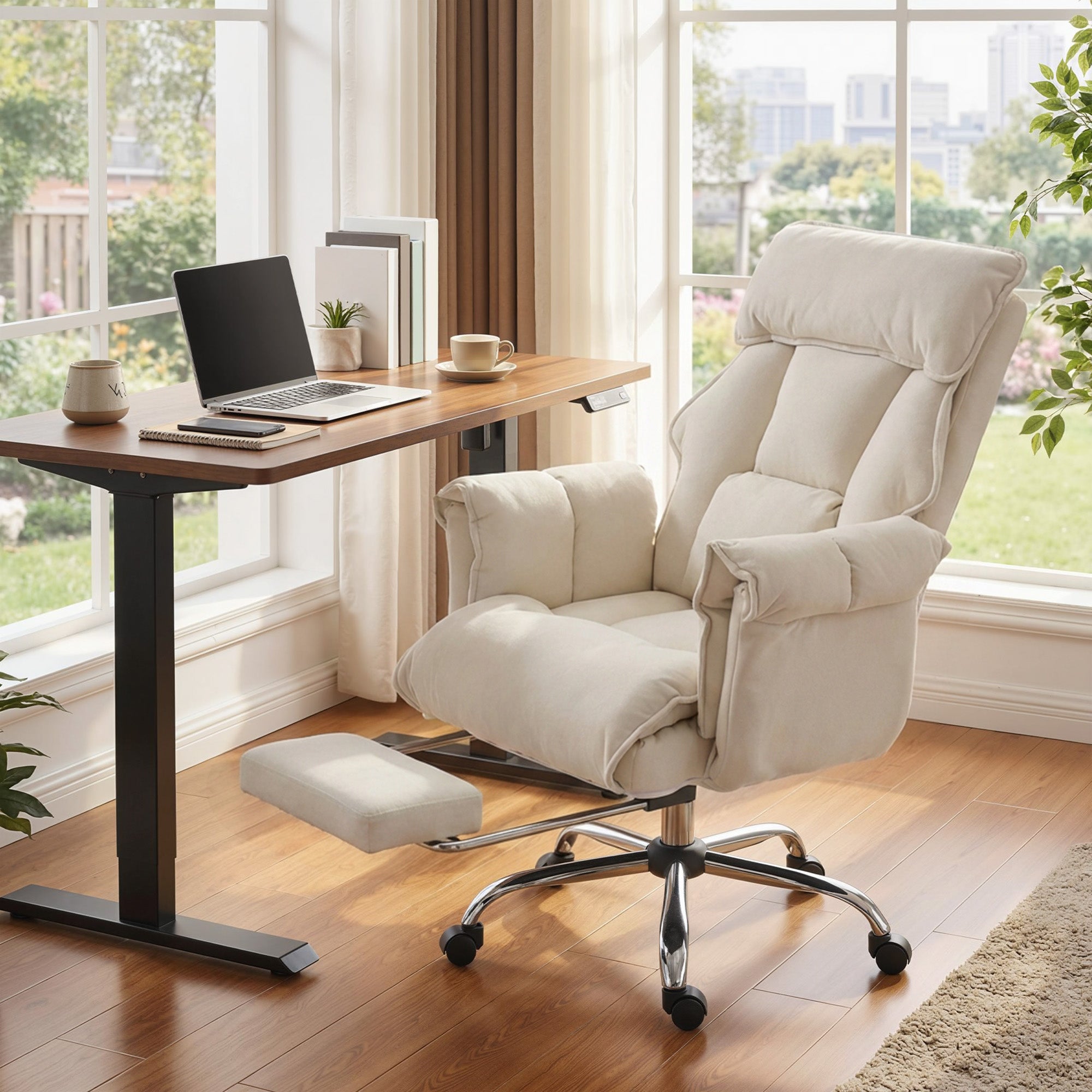 Swivel Office Chair with Lumbar Support, Armrests & Extendable Footrest — Snow-Flannel Padded, Height Adjustable, Cream