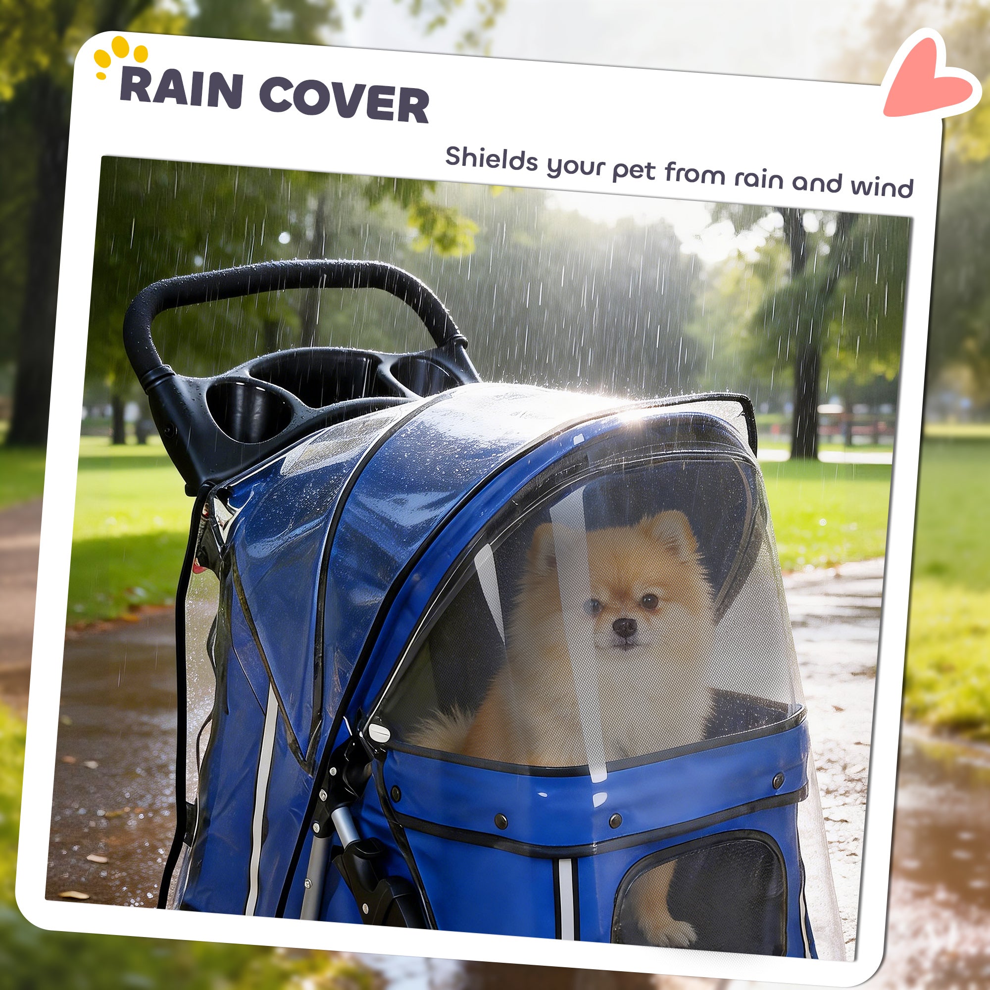 Foldable Dog Stroller — Rain Cover, Reflective Strips, 360° Swivel Wheels, Brakes, Washable Cushion — Blue