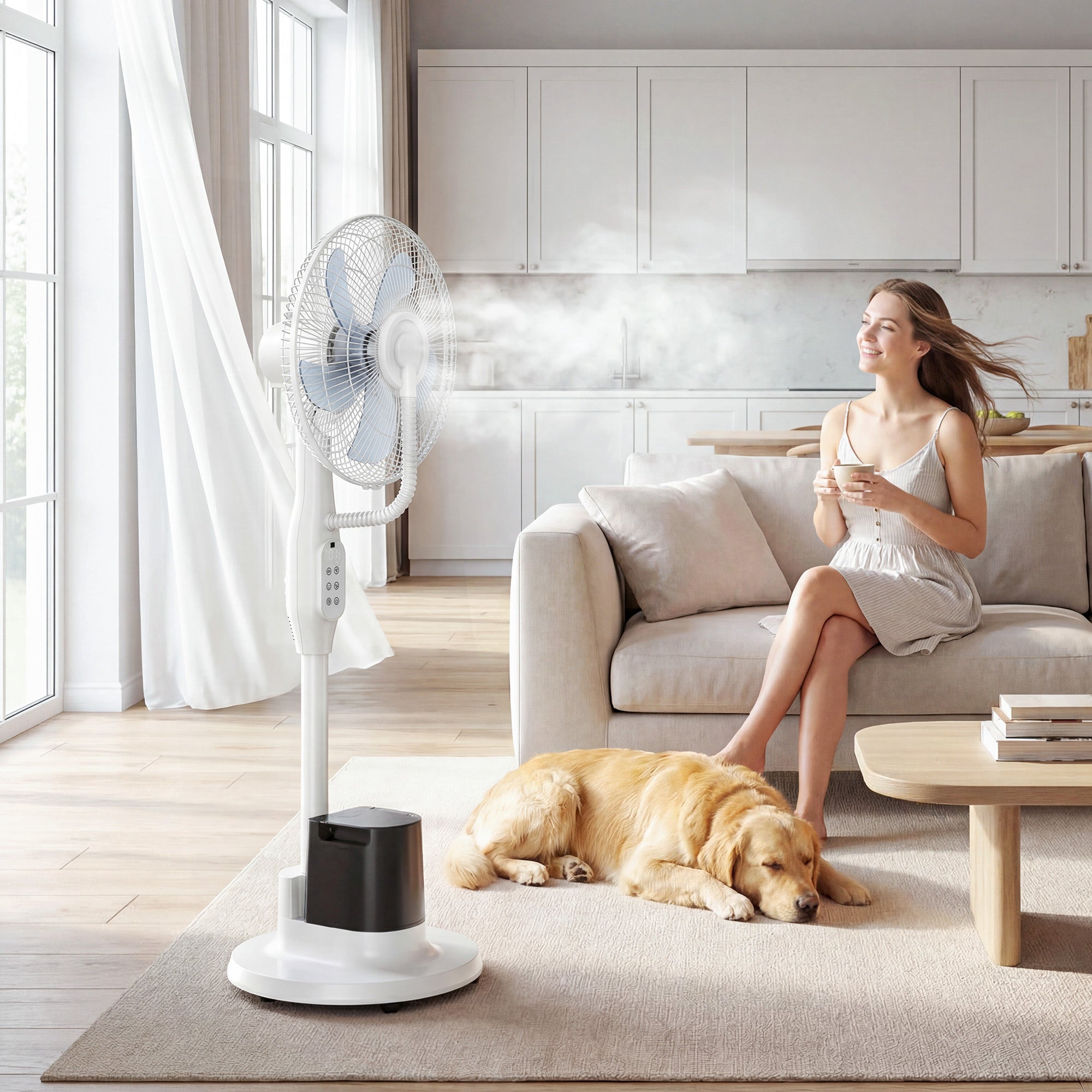 90W Silent Misting Pedestal Fan, 50.4 in Stand, 70° Oscillation, 3 Speeds & 3 Modes, 3.5L Tank, Remote, 8-Hour Timer, for Home & Office, White