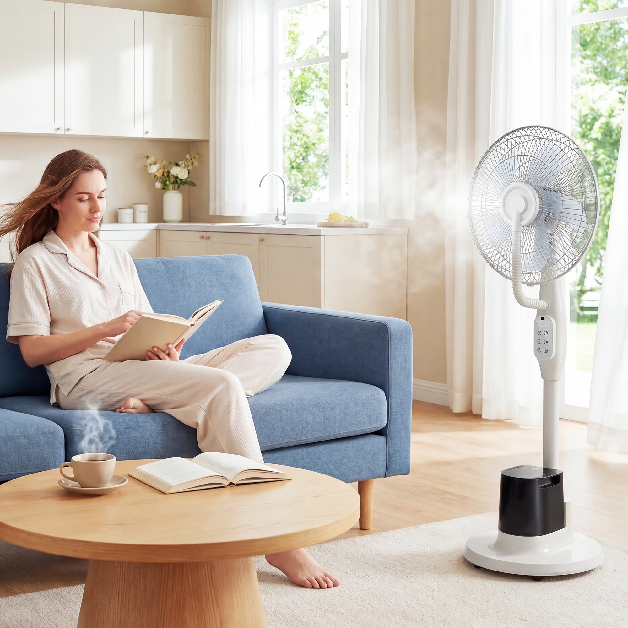 90W Silent Misting Pedestal Fan, 50.4 in Stand, 70° Oscillation, 3 Speeds & 3 Modes, 3.5L Tank, Remote, 8-Hour Timer, for Home & Office, White