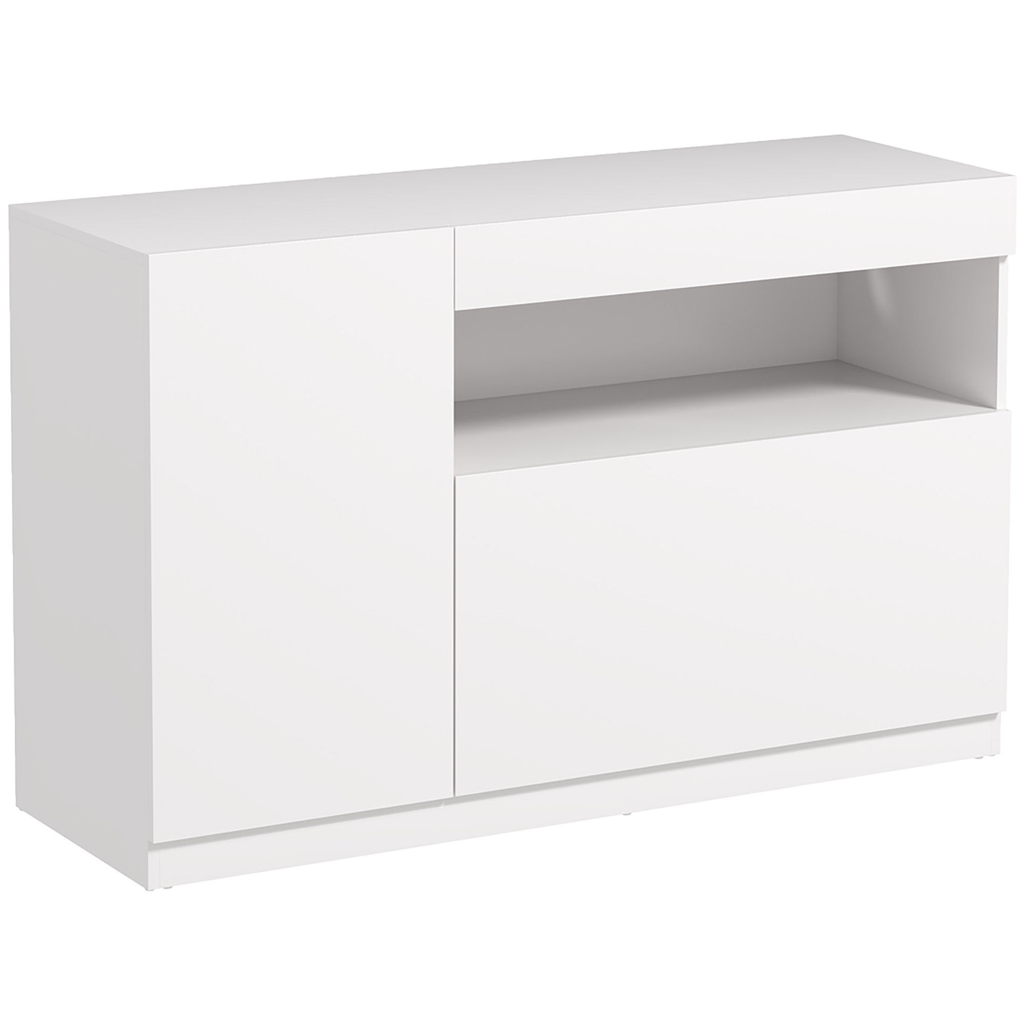 Low Kitchen Sideboard with Soft-Close Doors, 2 Cabinets, Open Shelf, 2 Cable Holes, Adjustable Shelf, Anti-Tip System, White