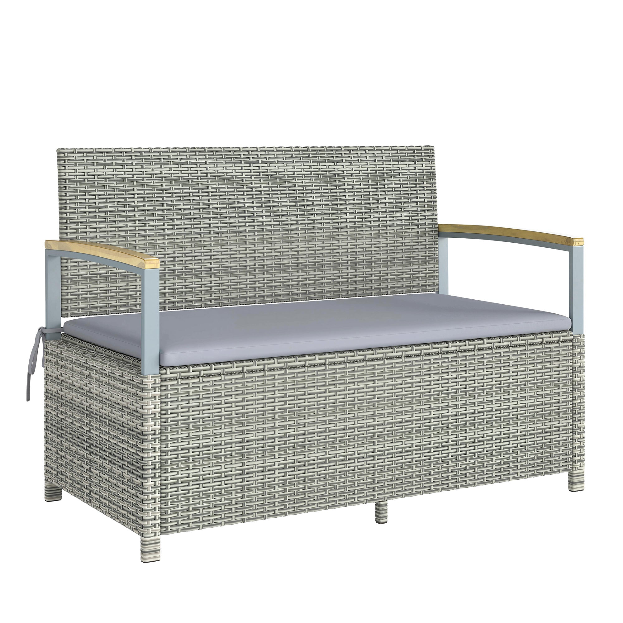 2-Seater Rattan Outdoor Storage Bench, 170 L Trunk, Washable Cushion, Backrest & Acacia Wood Arms, Gas-Assisted Lid — Light Gray