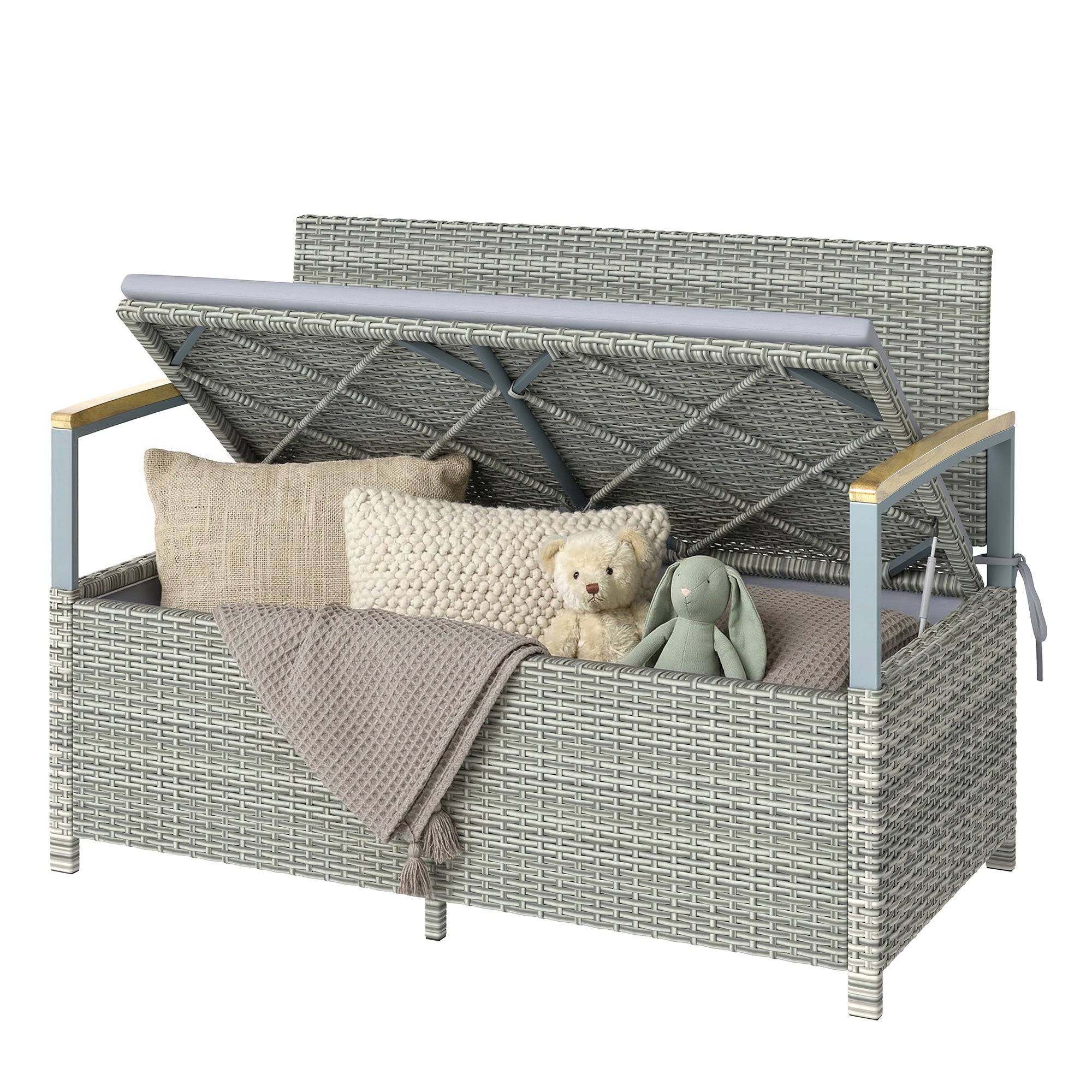 2-Seater Rattan Outdoor Storage Bench, 170 L Trunk, Washable Cushion, Backrest & Acacia Wood Arms, Gas-Assisted Lid — Light Gray