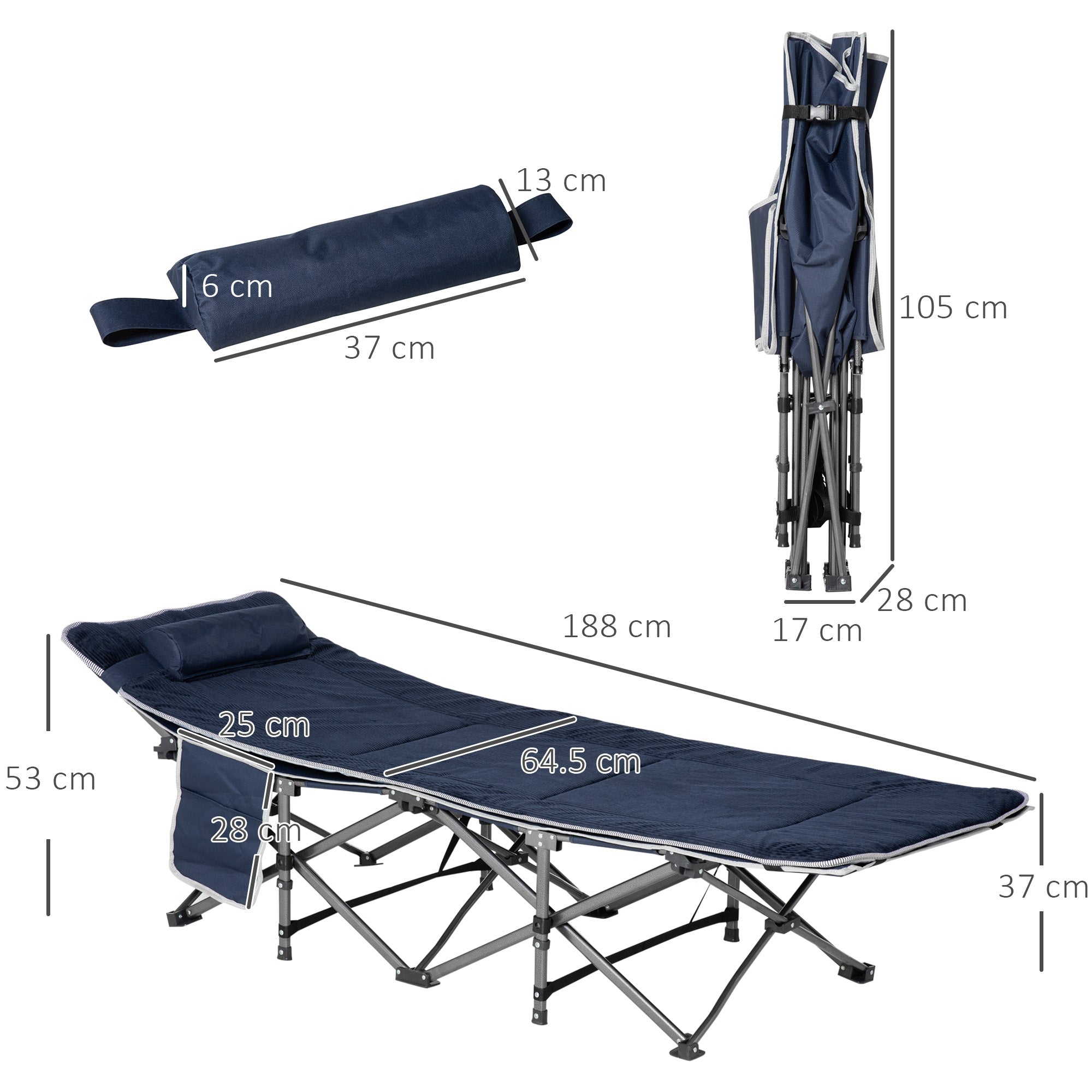 Folding Camping Bed Camp Bed with Pillow Side Pockets Mattress Guest Bed up to 150 kg Load Capacity Travel Outdoor Oxford Dark Blue 188 x 64.5 x 53 cm