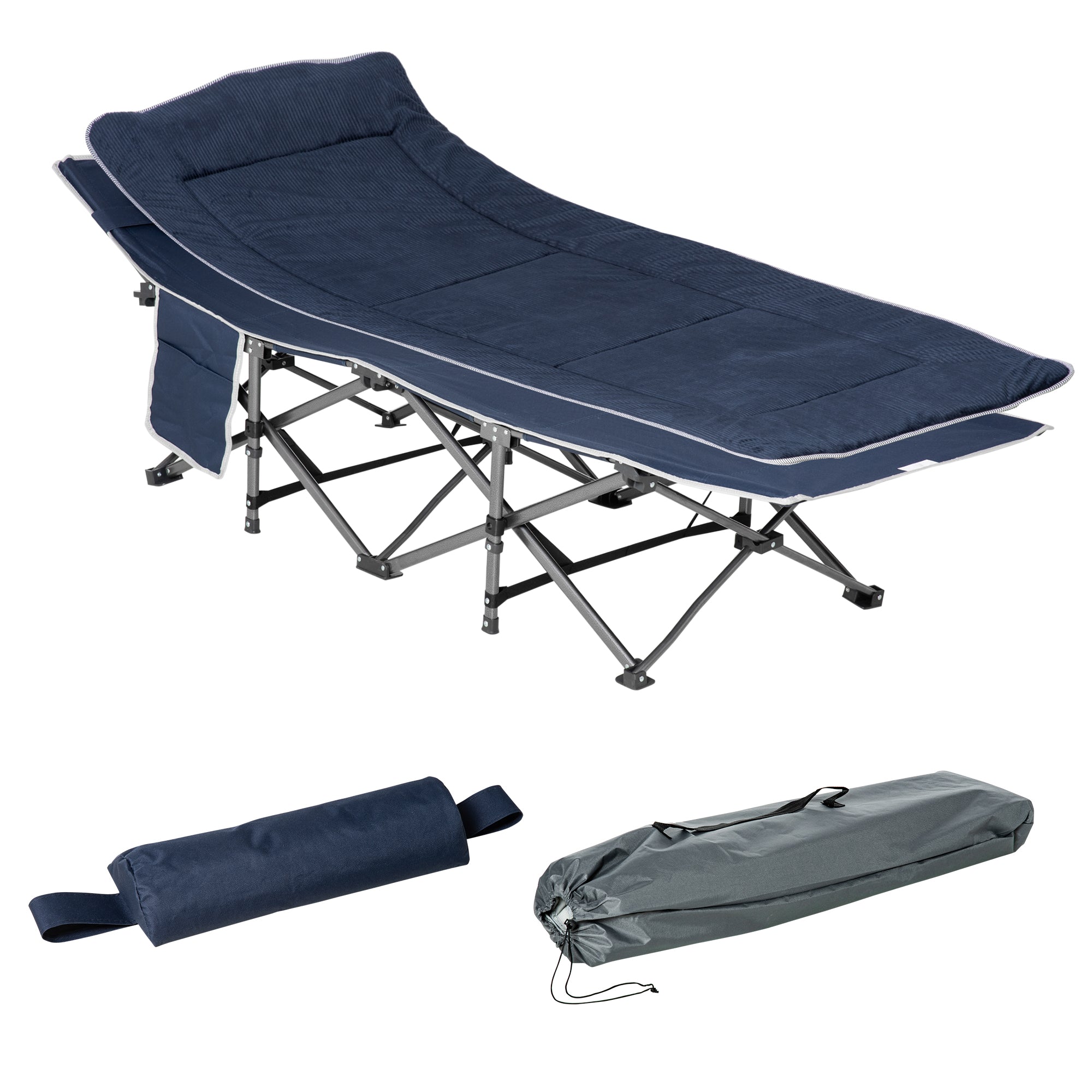 Folding Camping Bed Camp Bed with Pillow Side Pockets Mattress Guest Bed up to 150 kg Load Capacity Travel Outdoor Oxford Dark Blue 188 x 64.5 x 53 cm