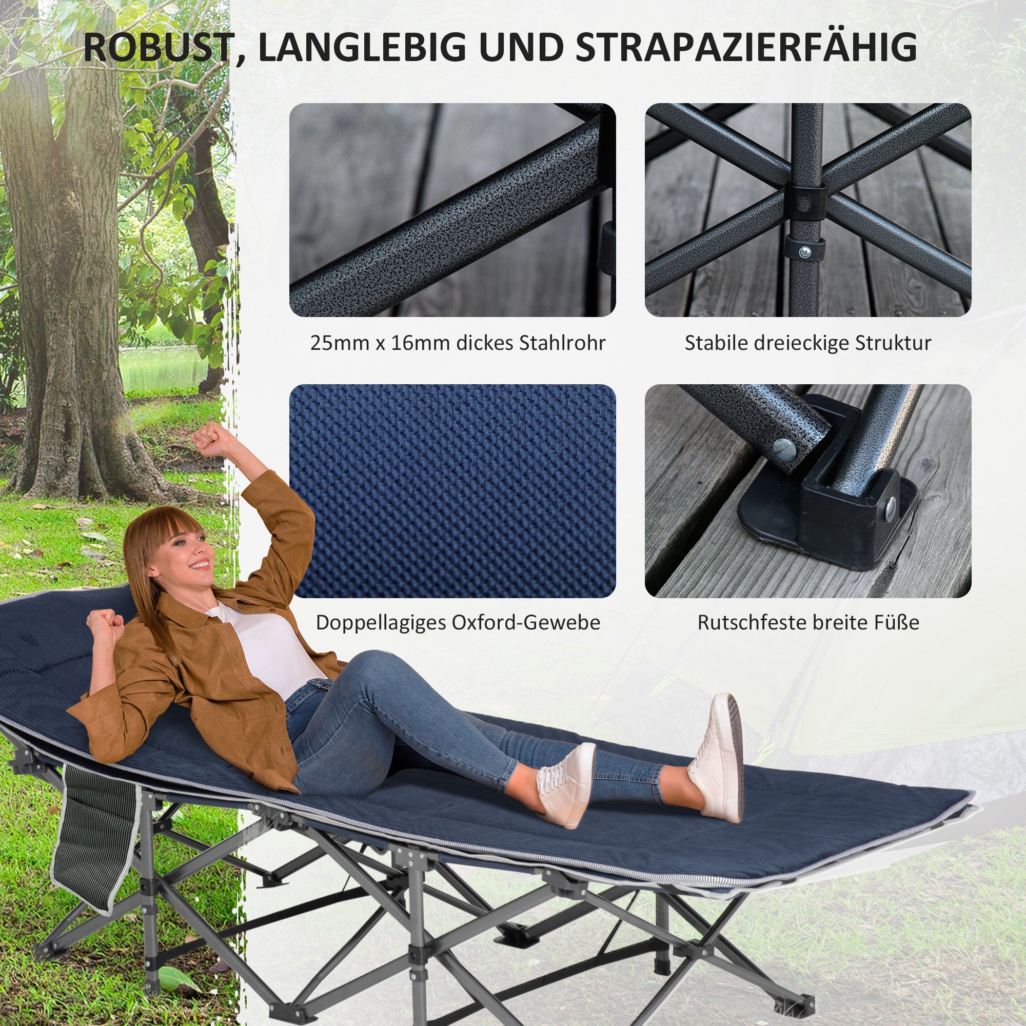 Folding Camping Bed Camp Bed with Pillow Side Pockets Mattress Guest Bed up to 150 kg Load Capacity Travel Outdoor Oxford Dark Blue 188 x 64.5 x 53 cm