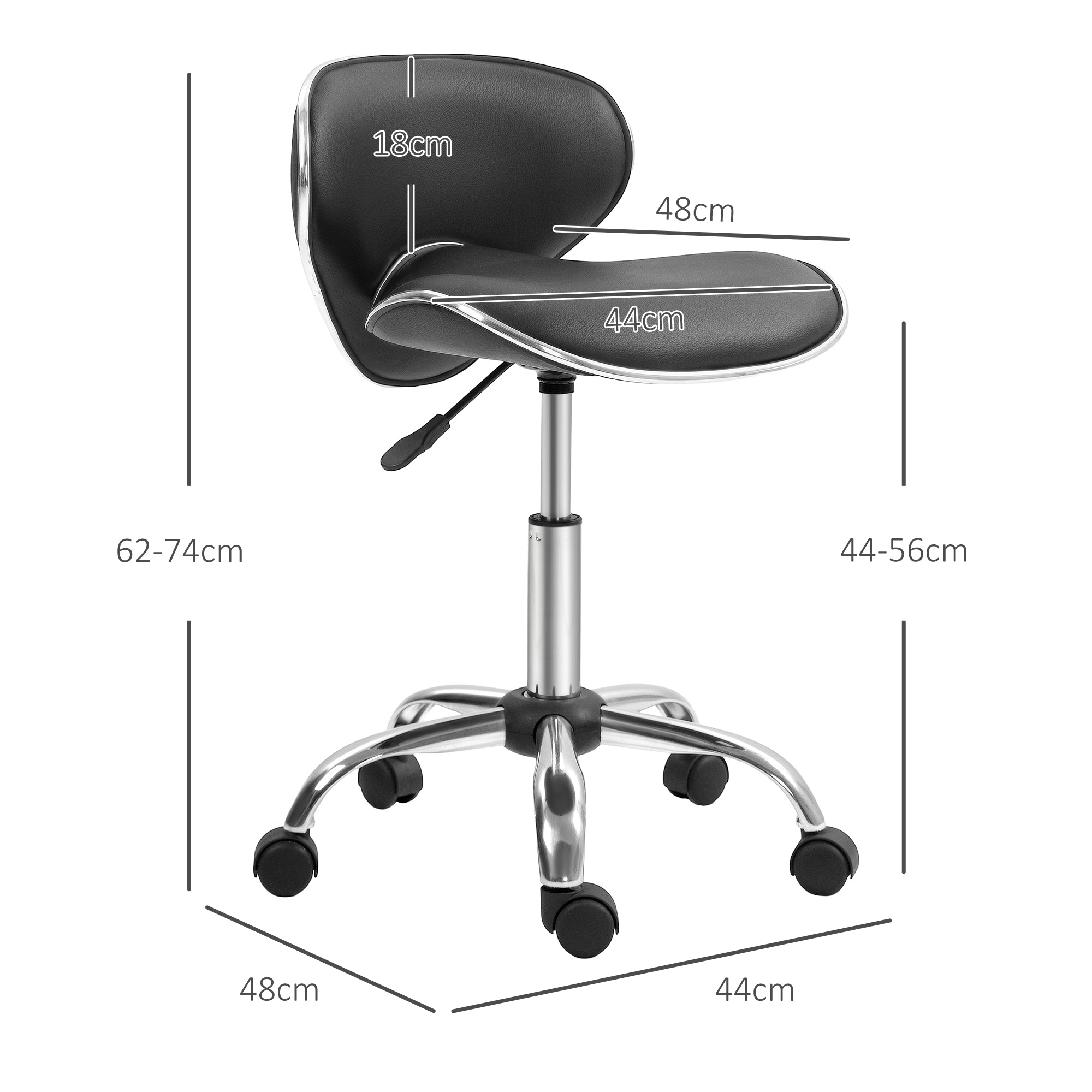 Rolling Stool Work Stool with Adjustable Height 44-56 cm and Backrest, 360° Swivel Office Stool for Massage Salon, Office, Clinic, Black