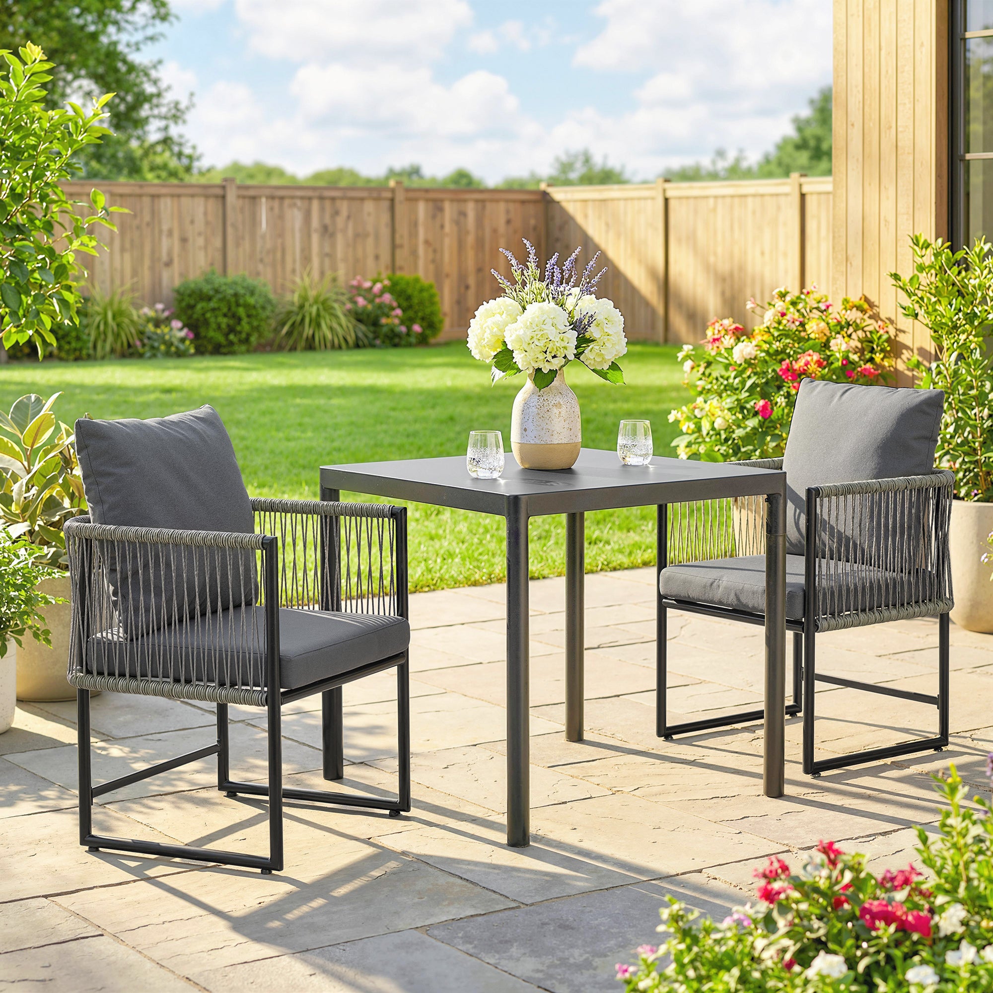 2-Pack Weatherproof Garden Chairs — Steel Frame PE Rattan Patio Chairs with Cushions, Armrests & Backrests, Up to 265 lb Capacity, Dark Gray
