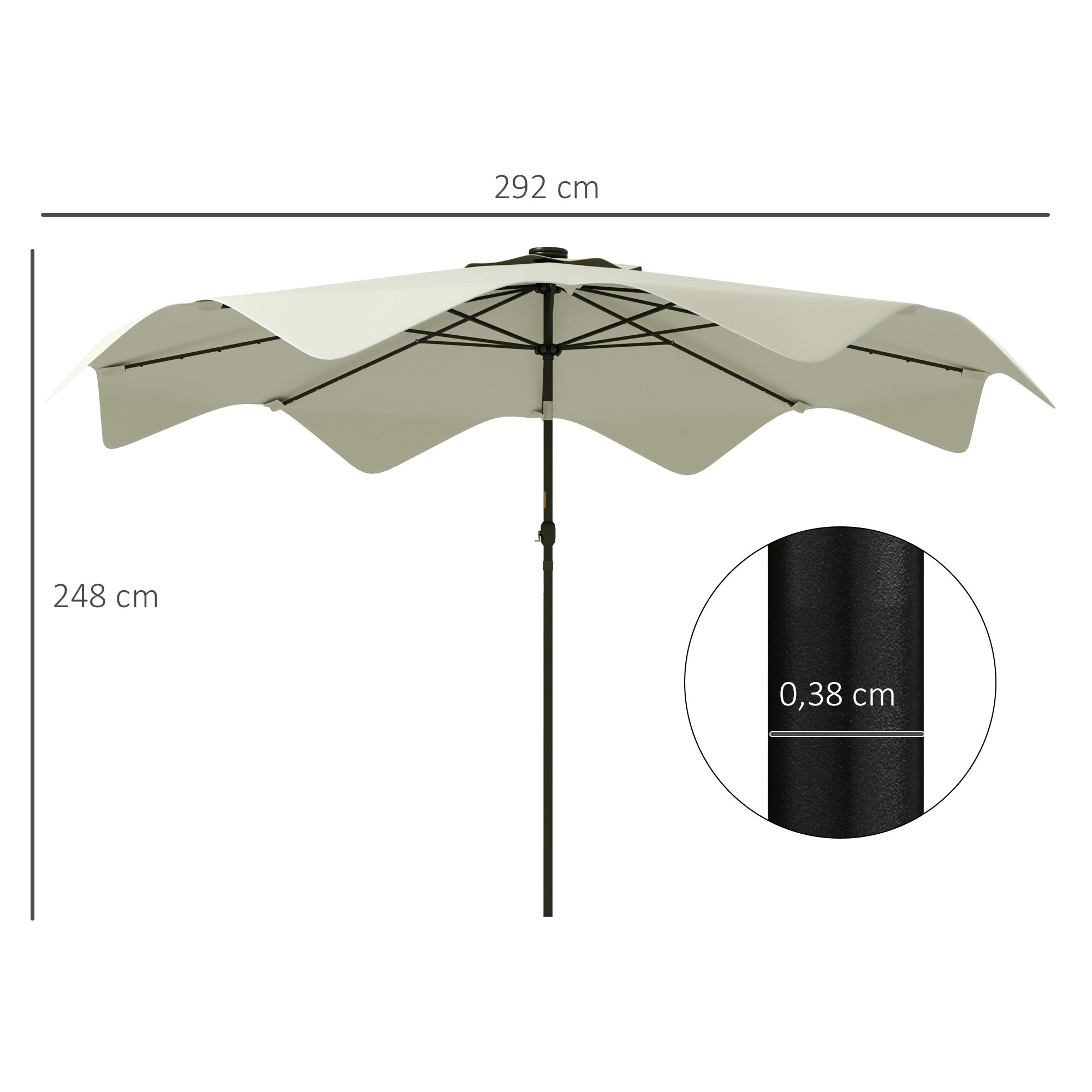 Garden Umbrella Ø292x248 cm Manual Terrace Parasol with 32 Solar LED Lights 8 Rods Adjustable Angle Waterproof and Ventilation Grids for Patio Balcony Cream