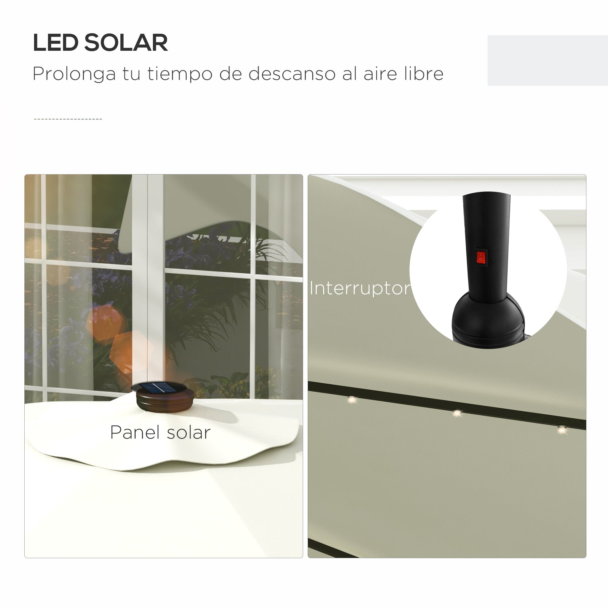 Garden Umbrella Ø292x248 cm Manual Terrace Parasol with 32 Solar LED Lights 8 Rods Adjustable Angle Waterproof and Ventilation Grids for Patio Balcony Cream