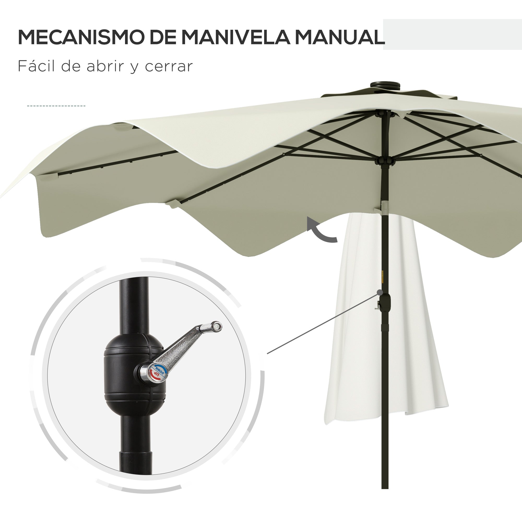 Garden Umbrella Ø292x248 cm Manual Terrace Parasol with 32 Solar LED Lights 8 Rods Adjustable Angle Waterproof and Ventilation Grids for Patio Balcony Cream