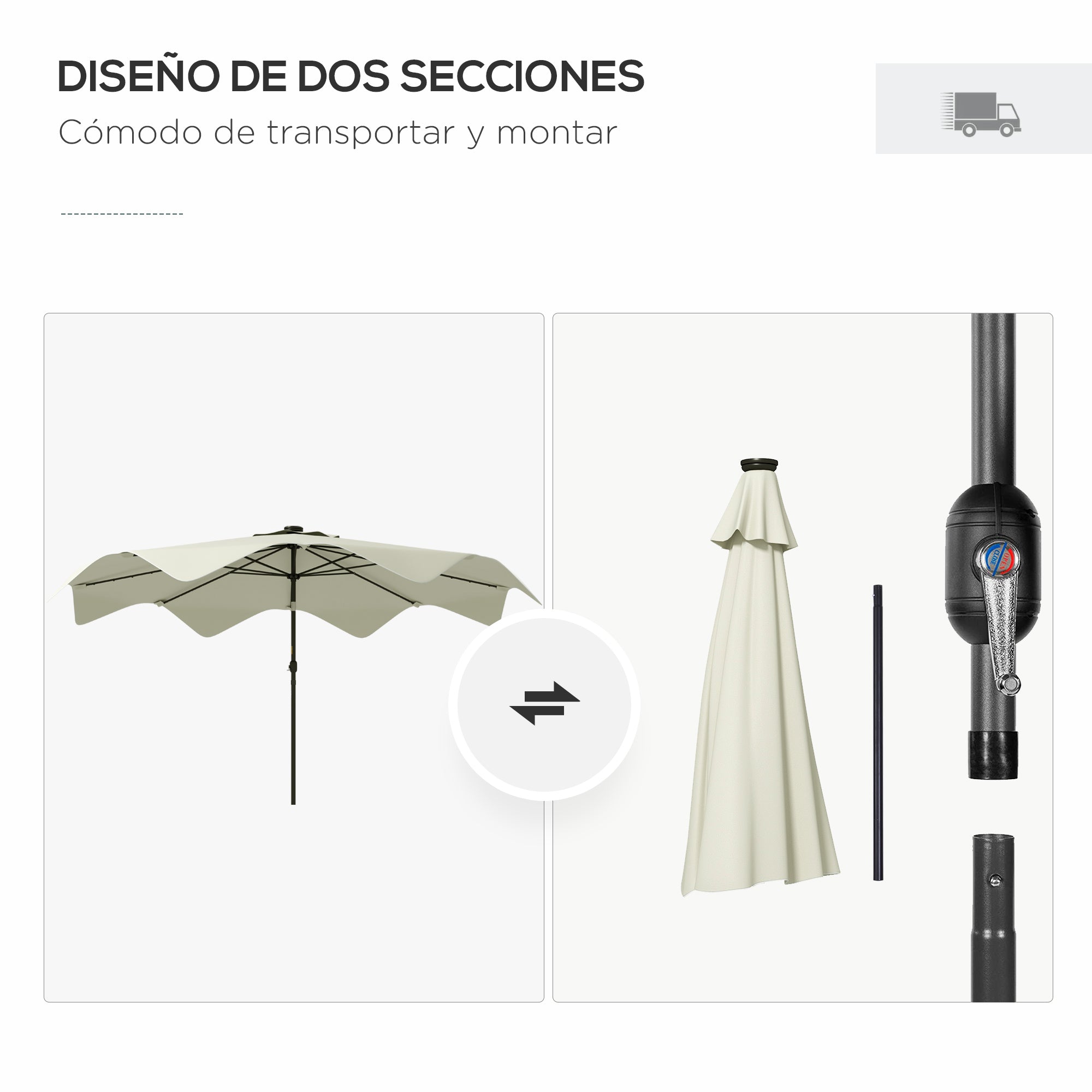 Garden Umbrella Ø292x248 cm Manual Terrace Parasol with 32 Solar LED Lights 8 Rods Adjustable Angle Waterproof and Ventilation Grids for Patio Balcony Cream