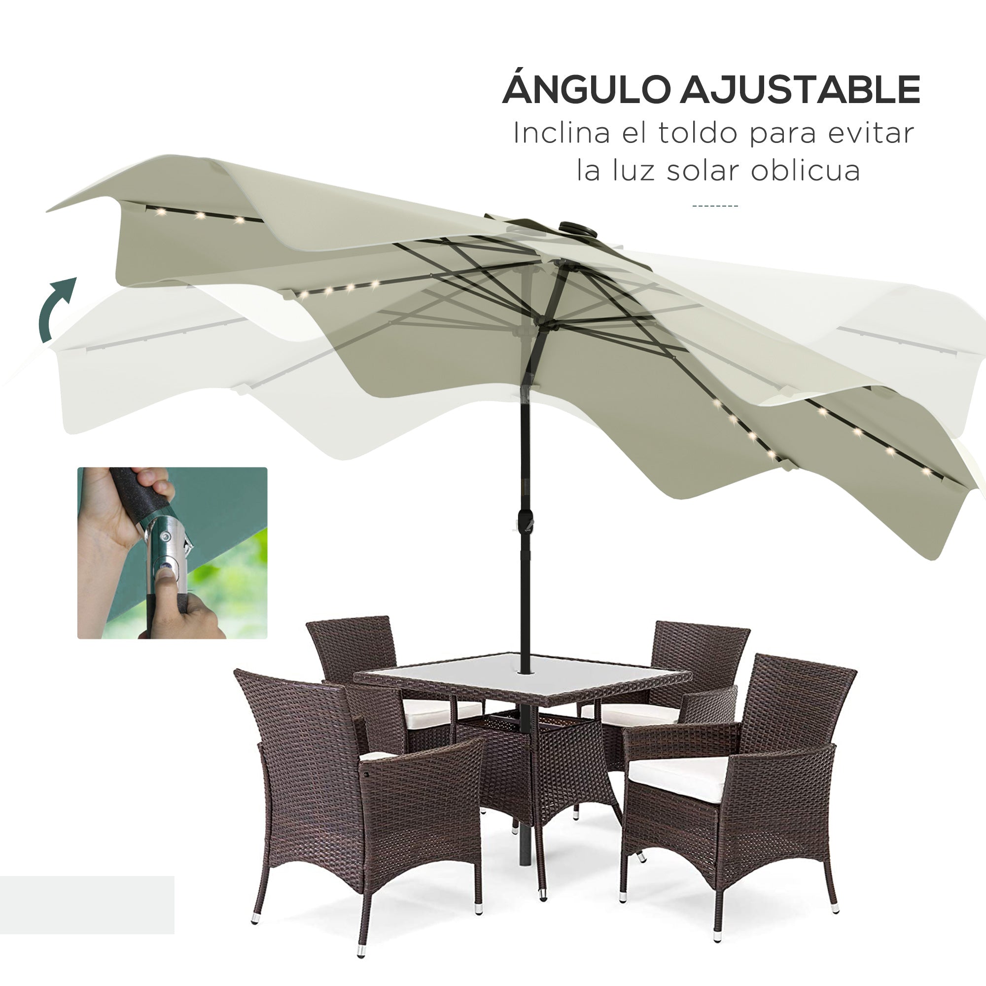 Garden Umbrella Ø292x248 cm Manual Terrace Parasol with 32 Solar LED Lights 8 Rods Adjustable Angle Waterproof and Ventilation Grids for Patio Balcony Cream