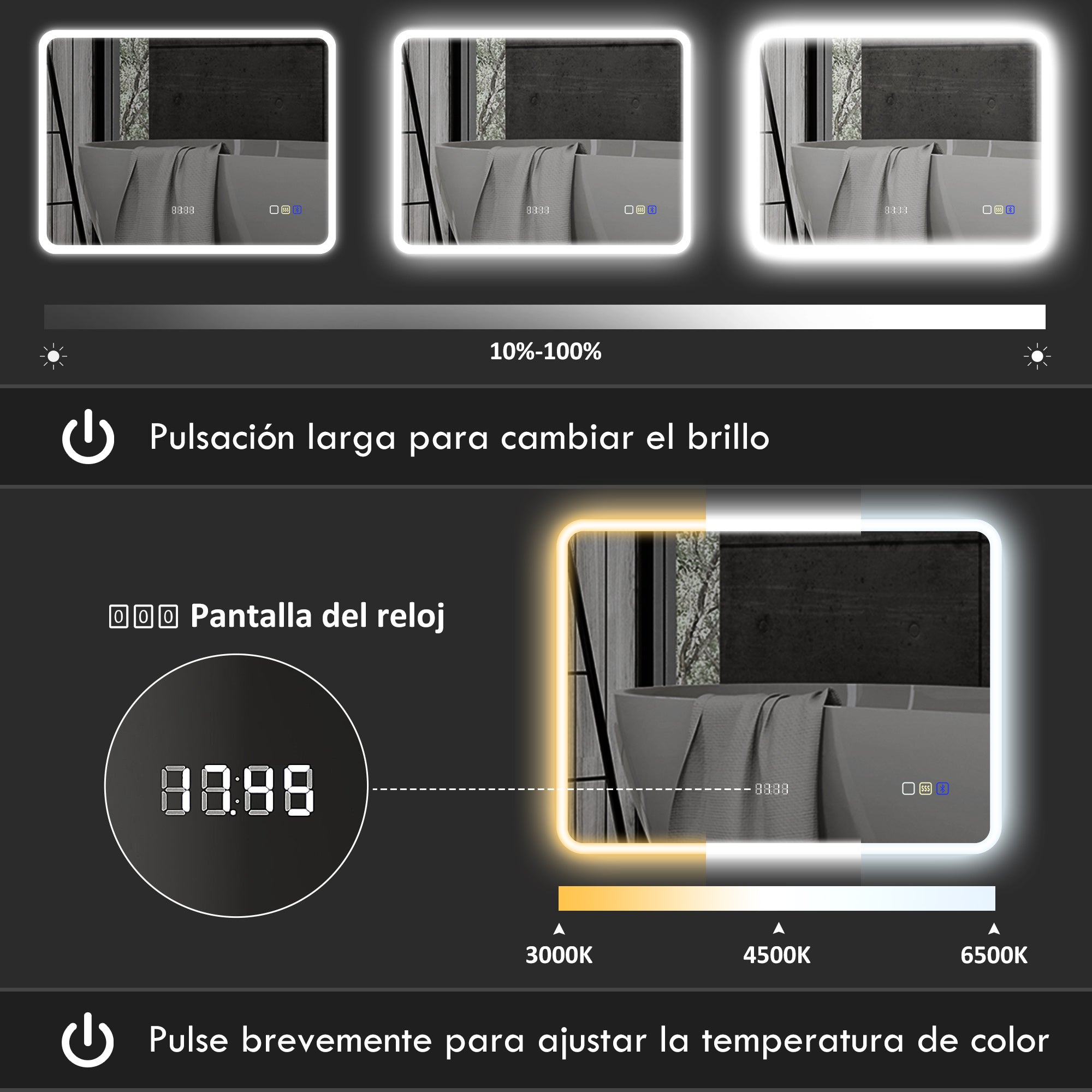 Bathroom Mirror with LED Light Bluetooth 80x60 cm Wall Mirror with 3 Light Colors Anti-fog Function Memory Function Touch Switch IP44