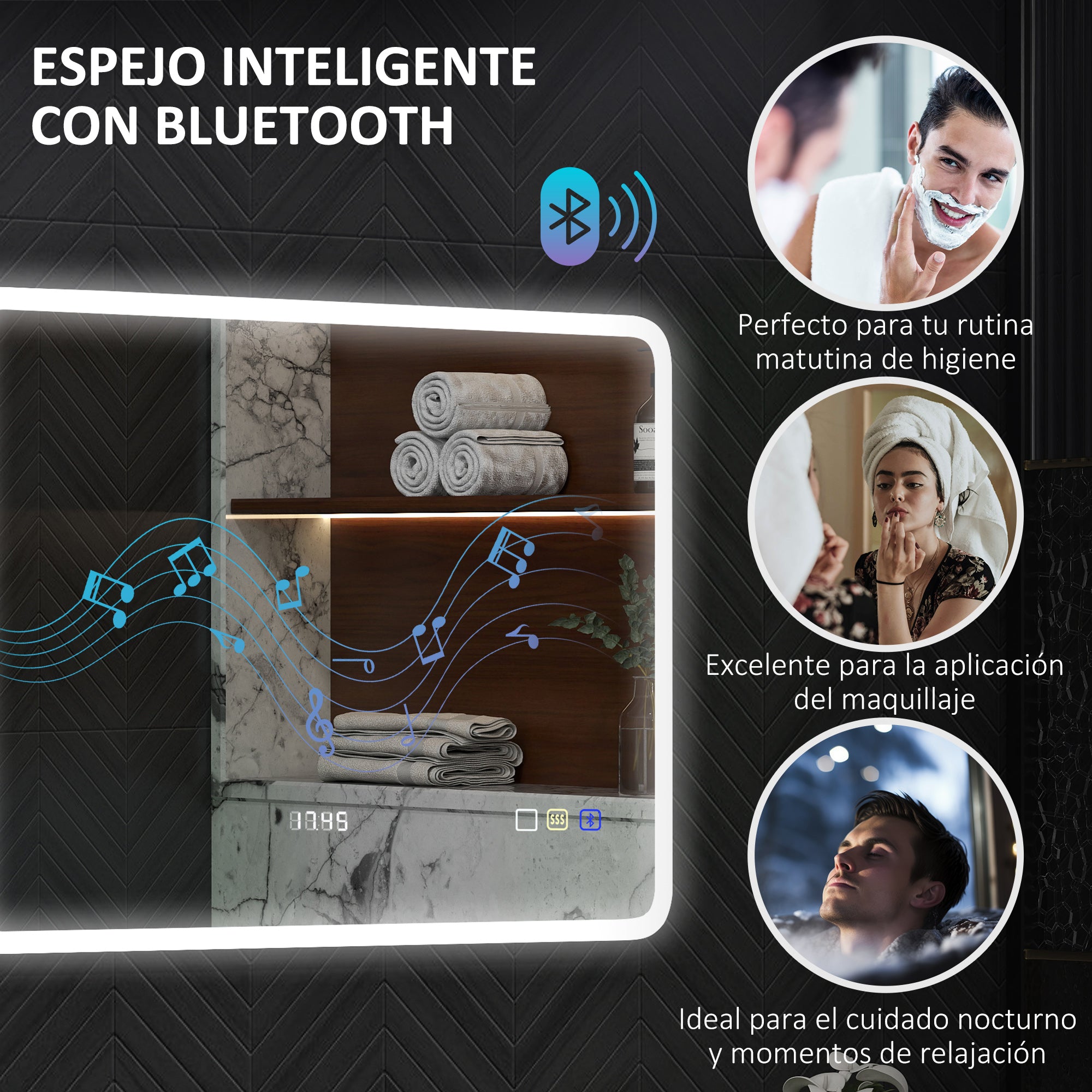 Bathroom Mirror with LED Light Bluetooth 80x60 cm Wall Mirror with 3 Light Colors Anti-fog Function Memory Function Touch Switch IP44