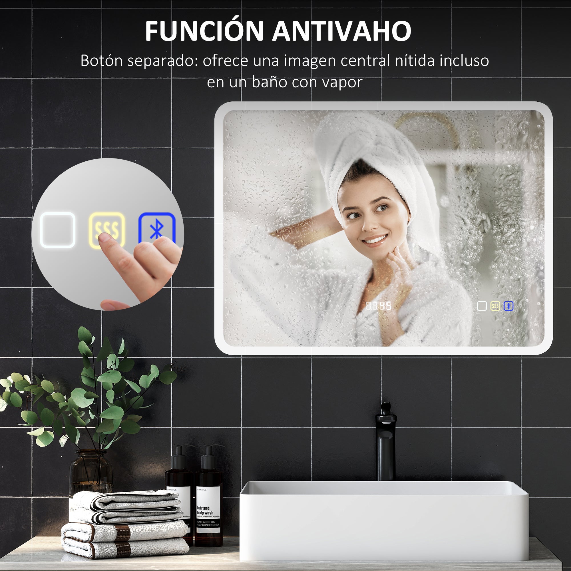 Bathroom Mirror with LED Light Bluetooth 80x60 cm Wall Mirror with 3 Light Colors Anti-fog Function Memory Function Touch Switch IP44