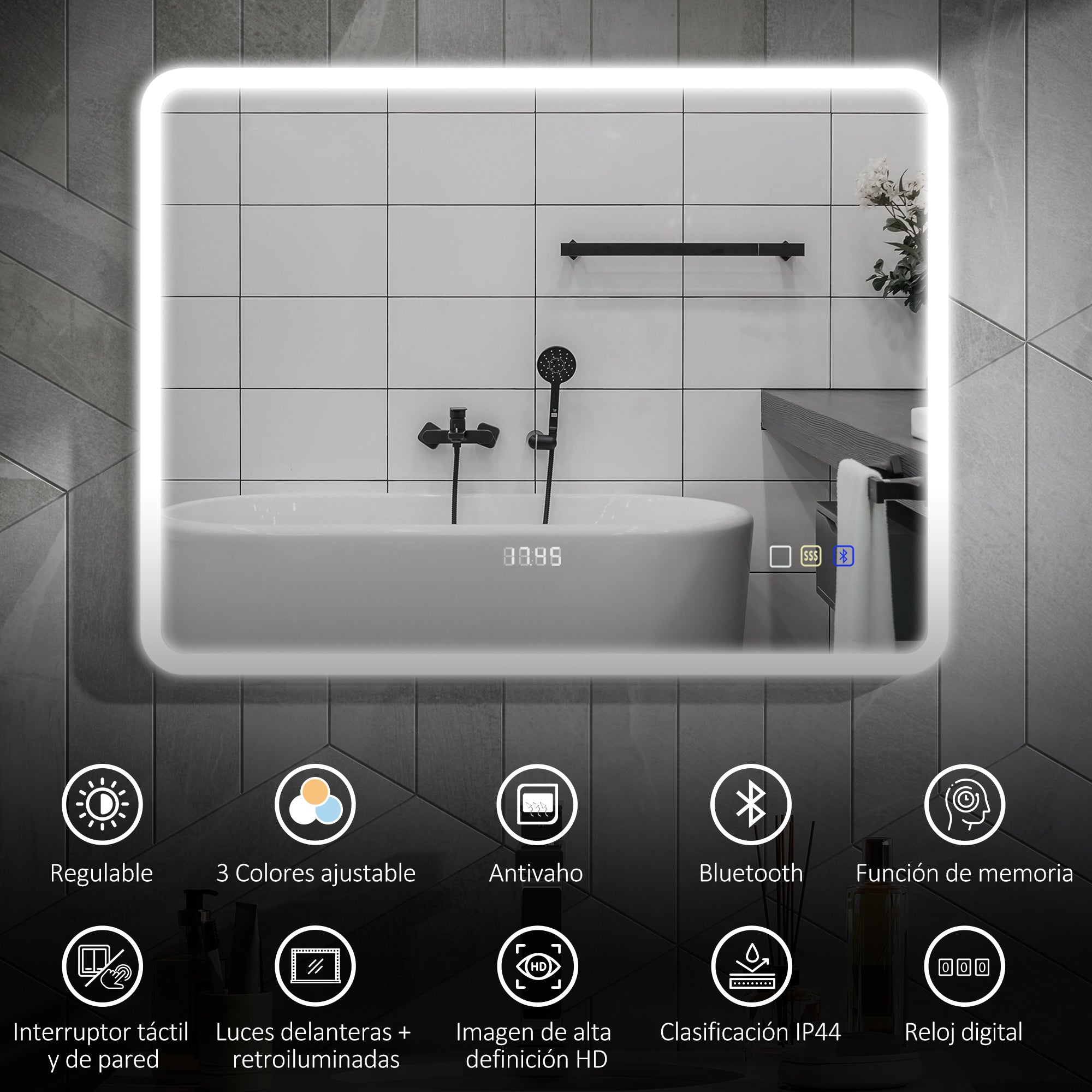 Bathroom Mirror with LED Light Bluetooth 80x60 cm Wall Mirror with 3 Light Colors Anti-fog Function Memory Function Touch Switch IP44