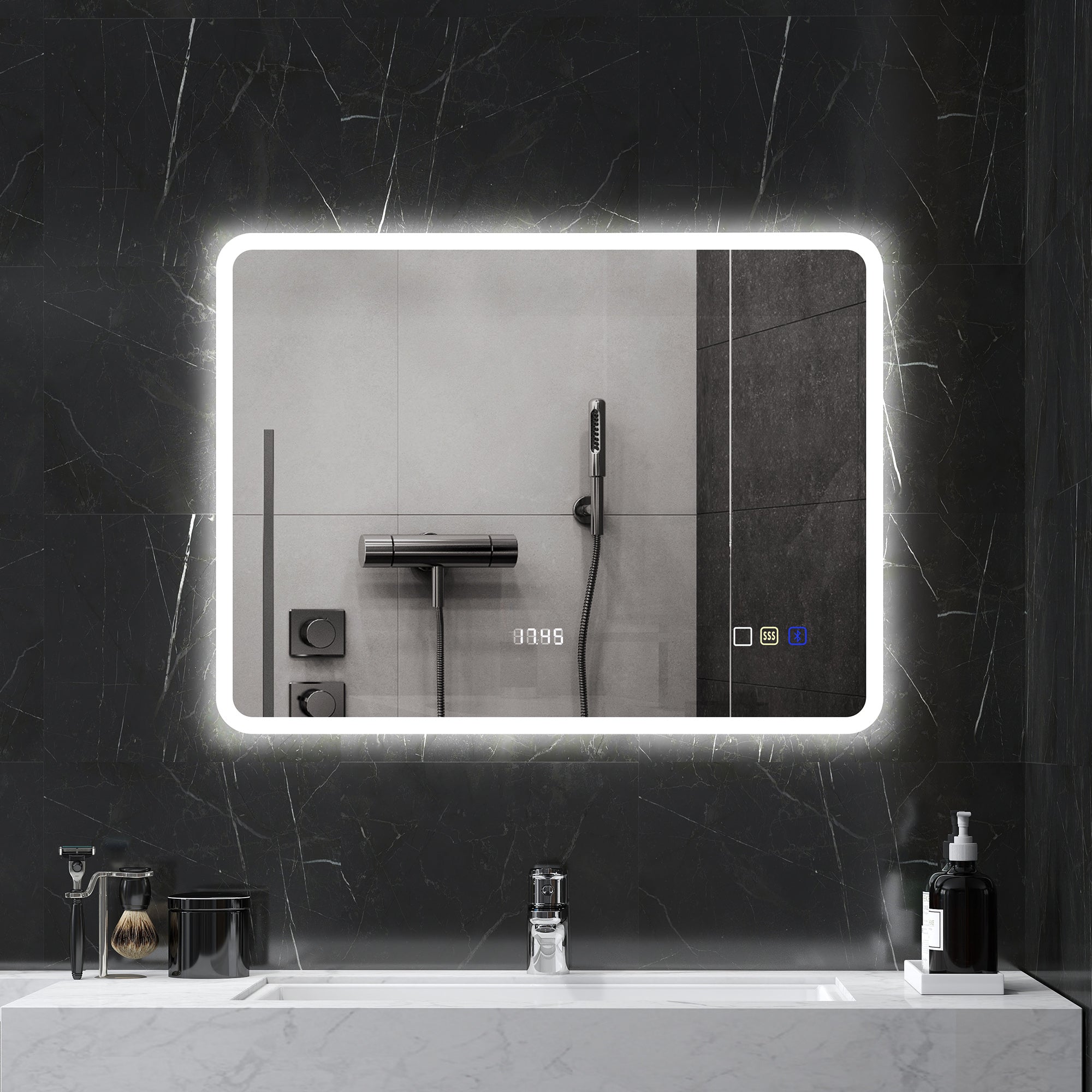 Bathroom Mirror with LED Light Bluetooth 80x60 cm Wall Mirror with 3 Light Colors Anti-fog Function Memory Function Touch Switch IP44
