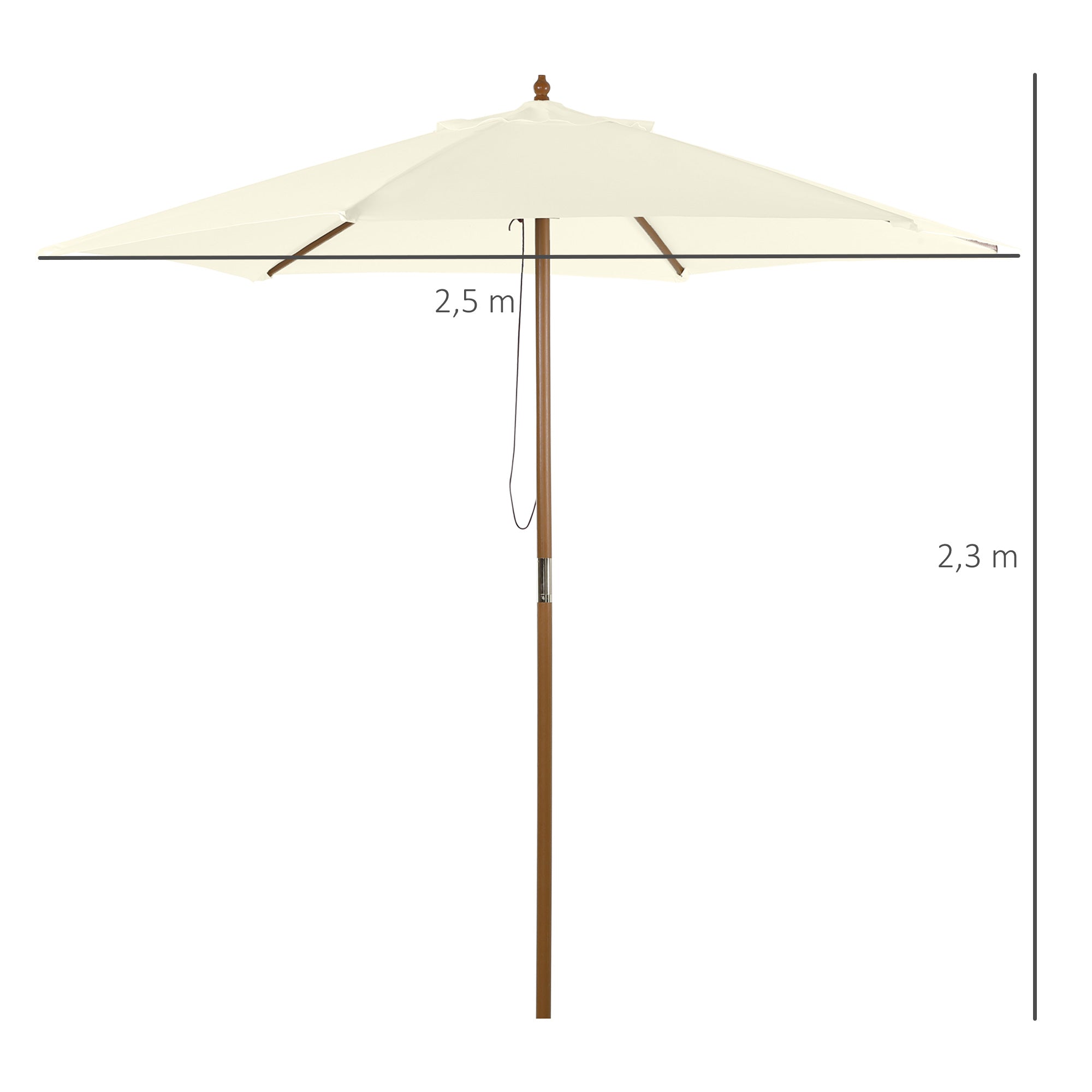 Parasol Ø 250 cm, Parasol with pulley mechanism Balcony beach umbrella made of bamboo windproof Market umbrella Sun protection for balcony terrace garden, White