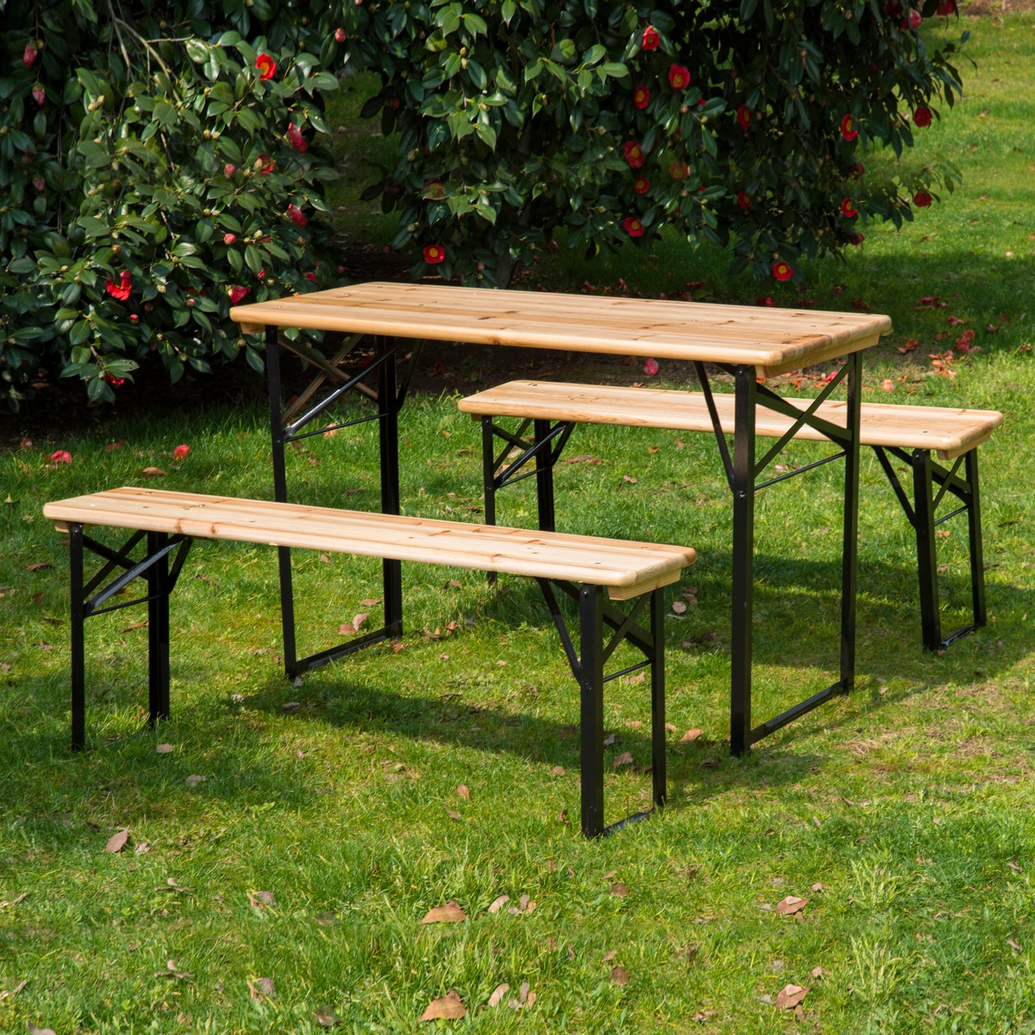 Folding Portable Camping Picnic Table + 2 Folding Benches Epoxy Metal Black Solid Fir Wood