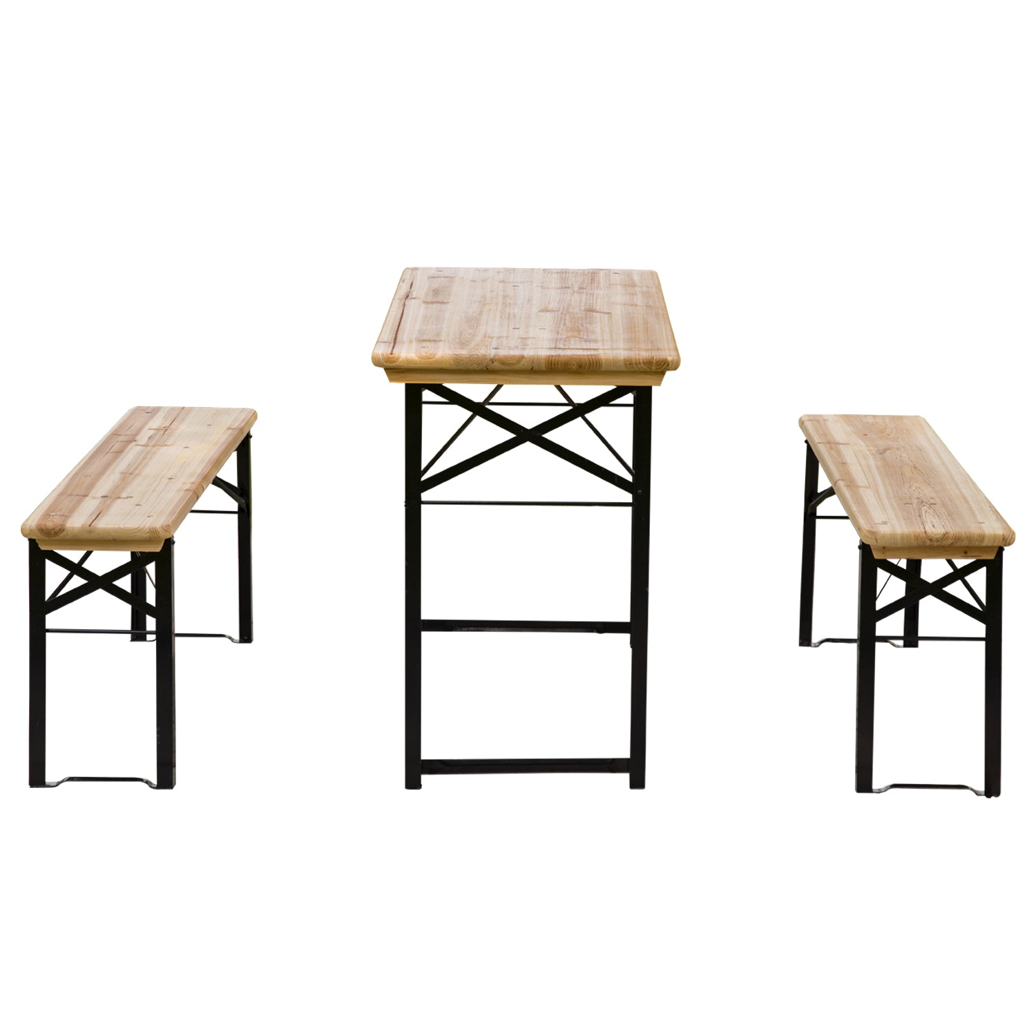 Folding Portable Camping Picnic Table + 2 Folding Benches Epoxy Metal Black Solid Fir Wood