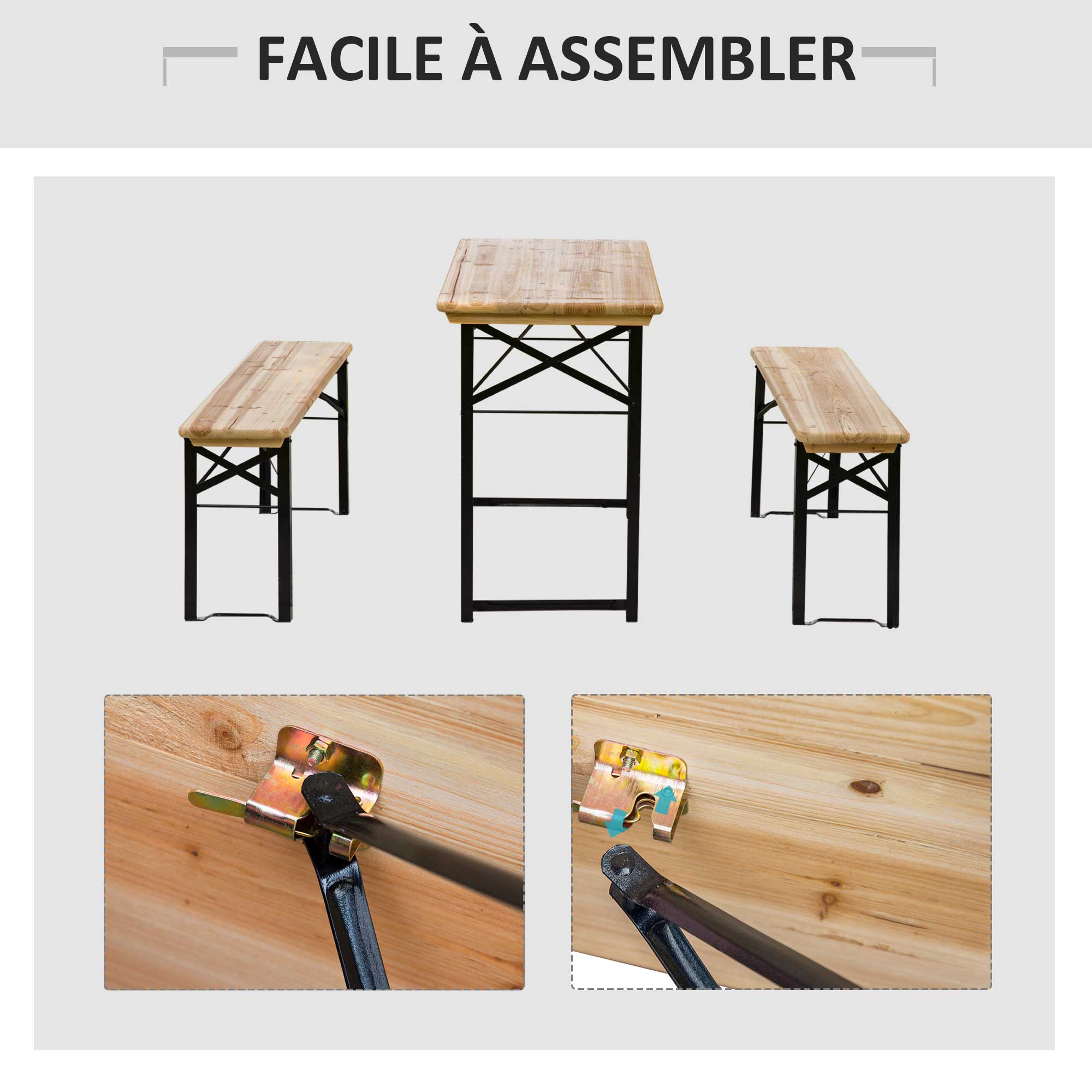 Folding Portable Camping Picnic Table + 2 Folding Benches Epoxy Metal Black Solid Fir Wood