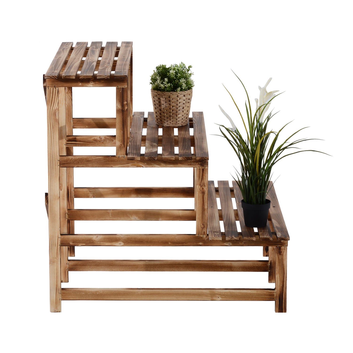 3-Tier Plant Stand, Foldable 78 cm High Flower Stand for Indoor Outdoor, Wooden Plant Shelf, Flower Pot Stand with Trays, Flower Stand for Living Room, Garden Balcony, Natural Wood