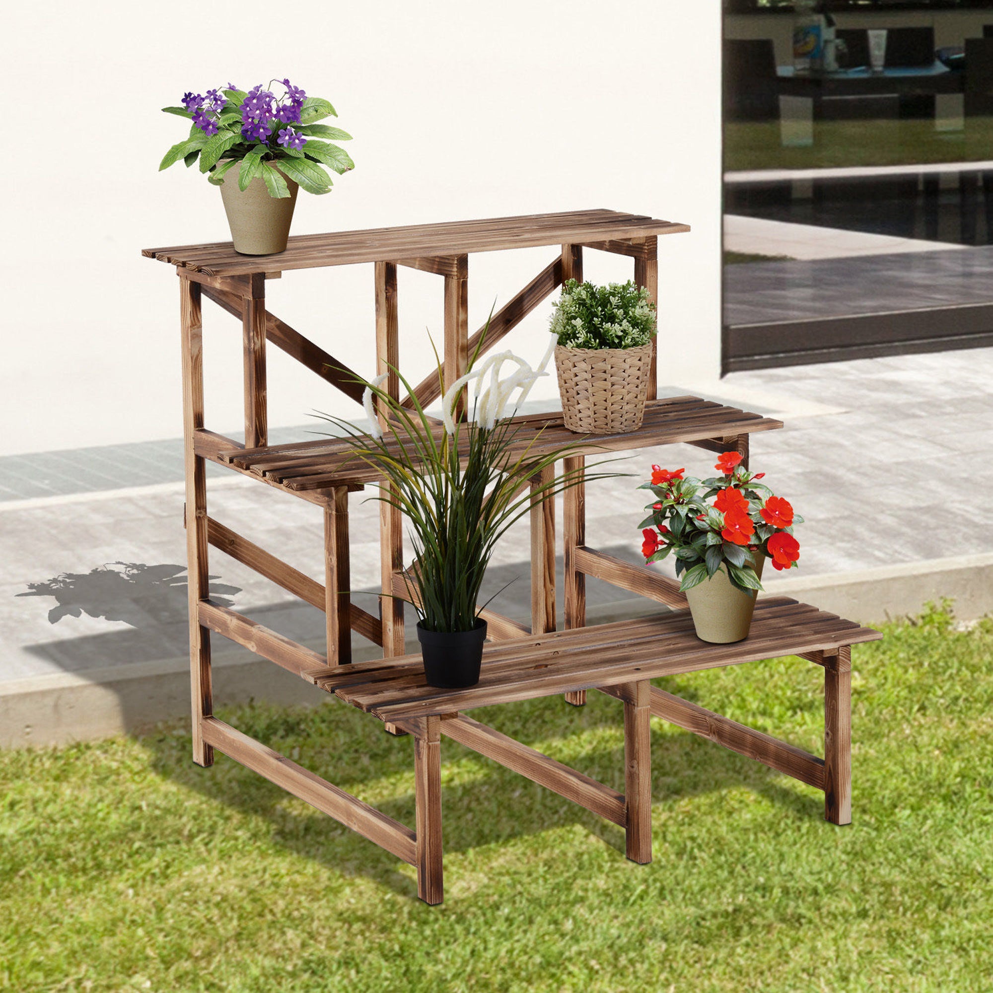 3-Tier Plant Stand, Foldable 78 cm High Flower Stand for Indoor Outdoor, Wooden Plant Shelf, Flower Pot Stand with Trays, Flower Stand for Living Room, Garden Balcony, Natural Wood