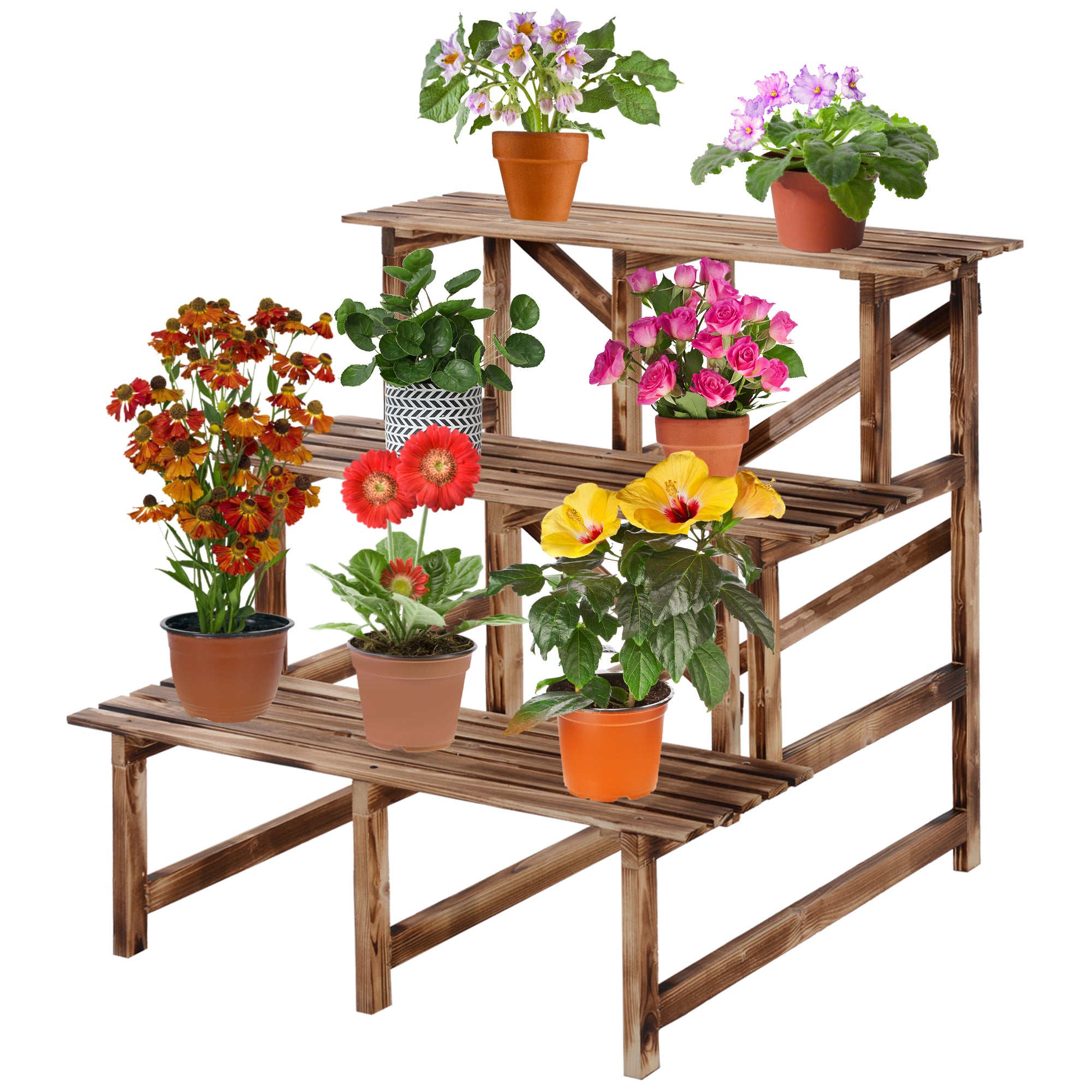 3-Tier Plant Stand, Foldable 78 cm High Flower Stand for Indoor Outdoor, Wooden Plant Shelf, Flower Pot Stand with Trays, Flower Stand for Living Room, Garden Balcony, Natural Wood