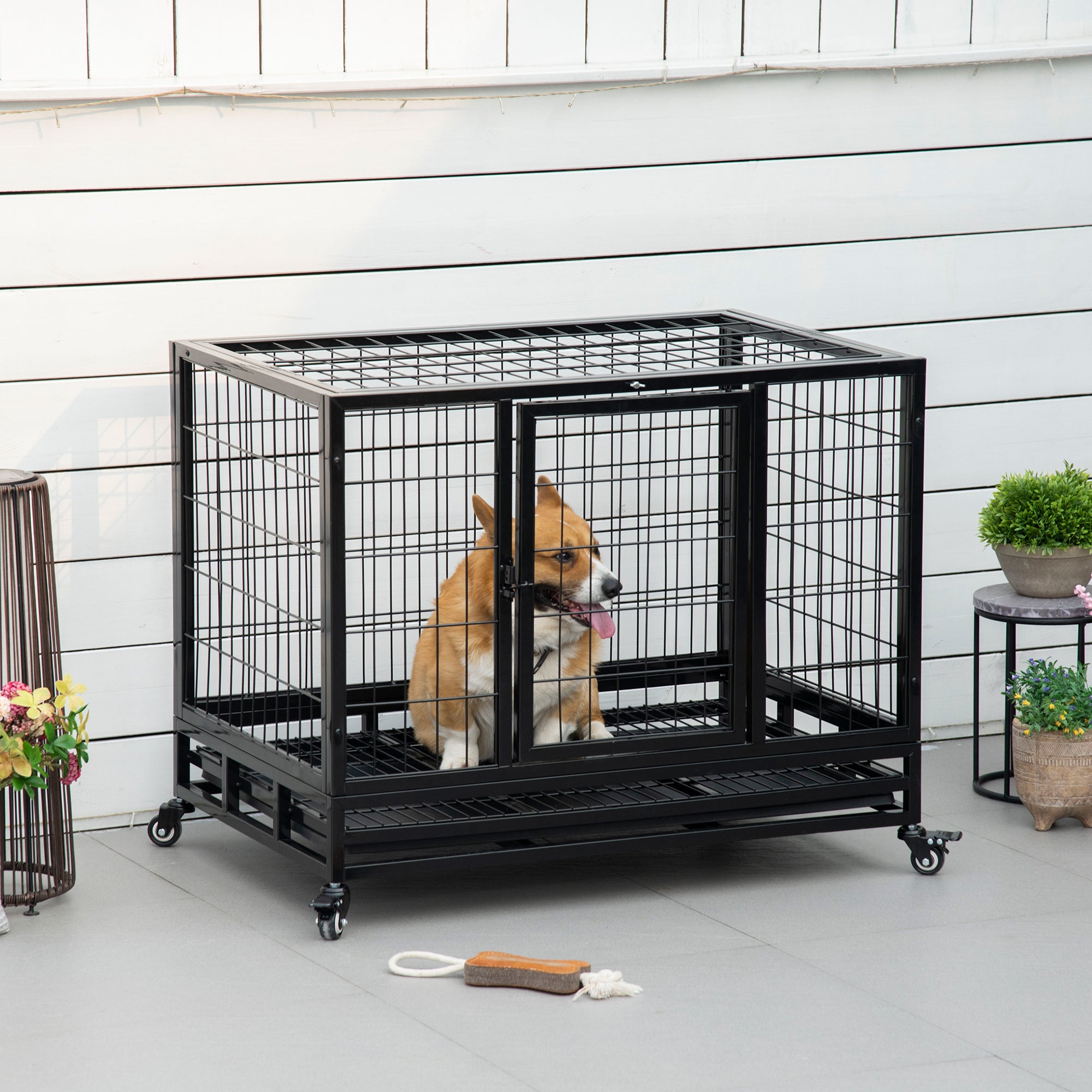 Metal Cage for Dogs with Wheels and Brakes Removable Tray and Door with Latch for Golden Retriever Labrador 92x62x75 cm Black
