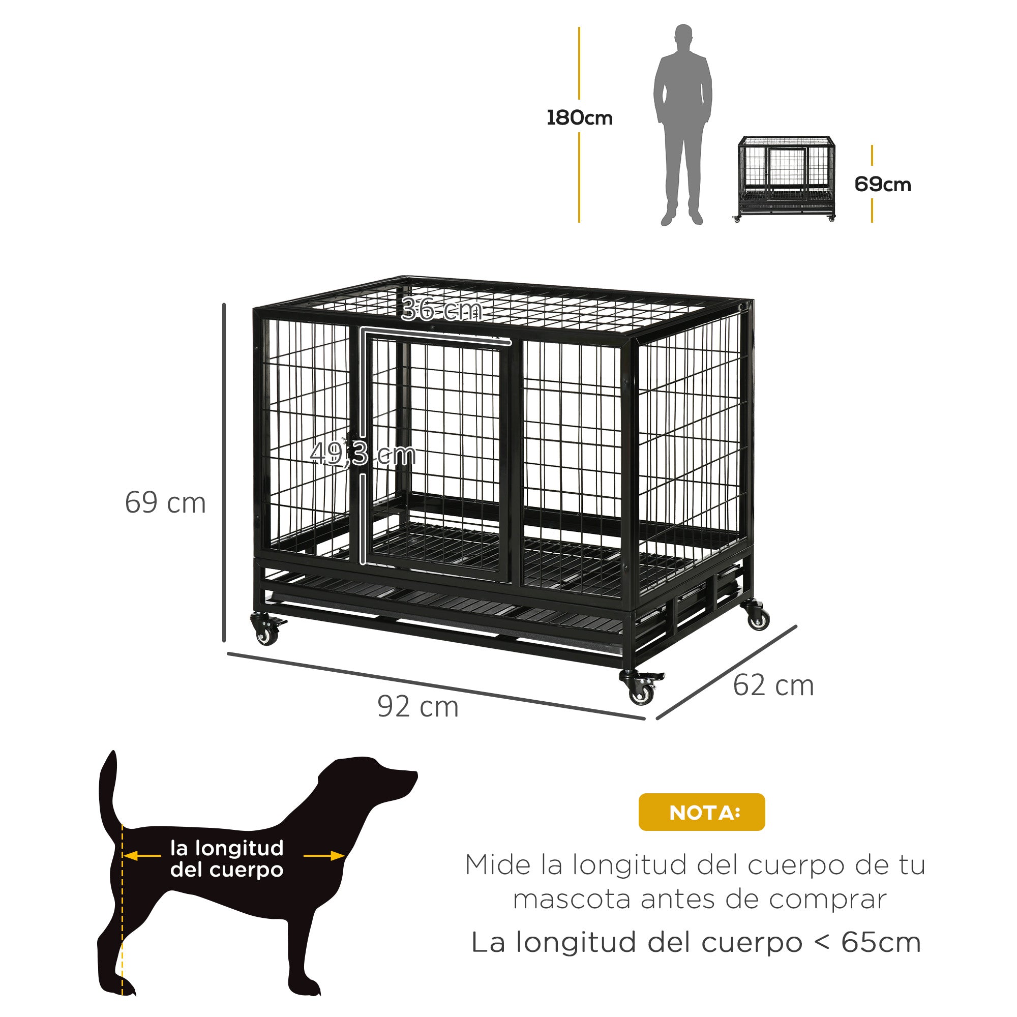 Metal Cage for Dogs with Wheels and Brakes Removable Tray and Door with Latch for Golden Retriever Labrador 92x62x75 cm Black