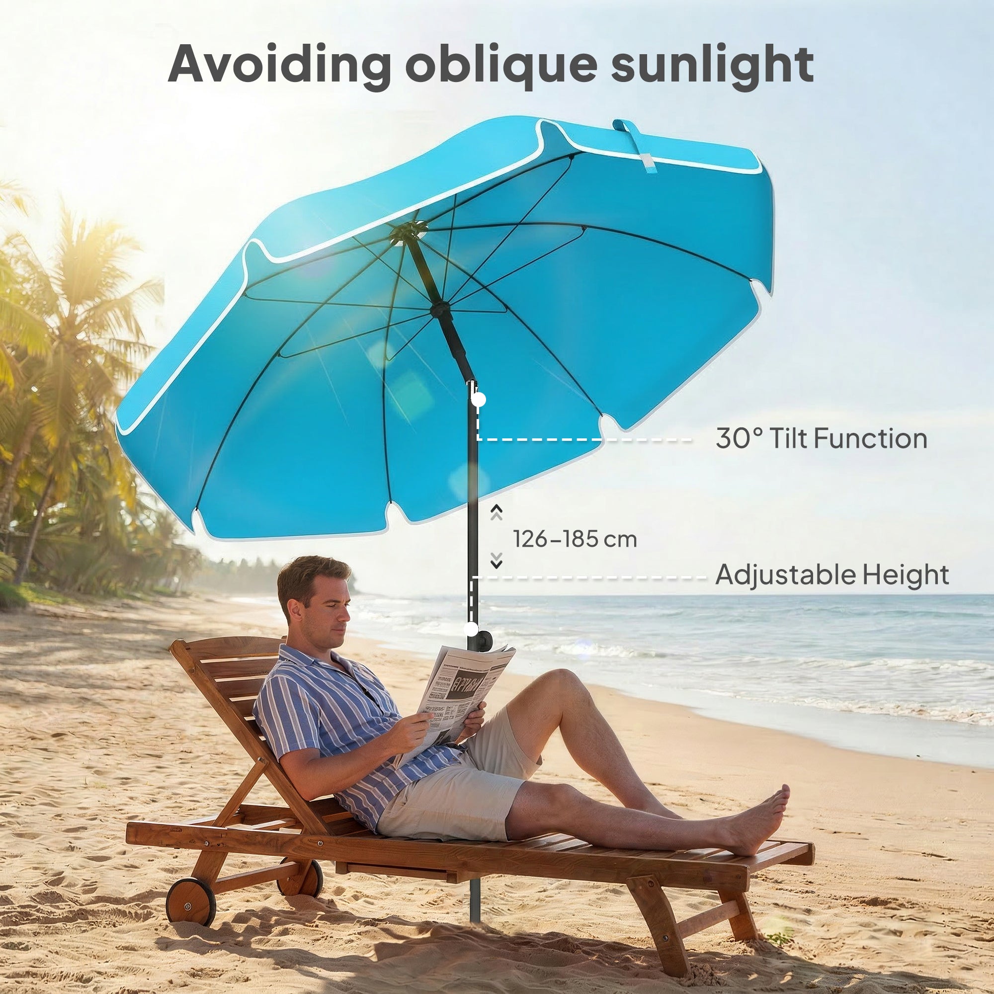 Beach Umbrella Ø150 cm (59 in) — Water-Resistant, Adjustable Tilt & Height, Sand Anchor, Foldable with Carry Bag — Blue