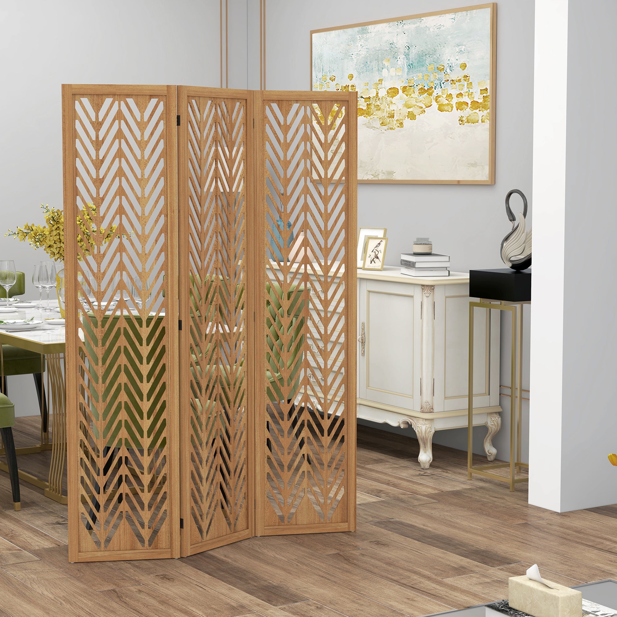 3-Panel Foldable Room Divider 120x1.7x170 cm Natural Wood Geometric Pattern Room Partition for Office Bedroom