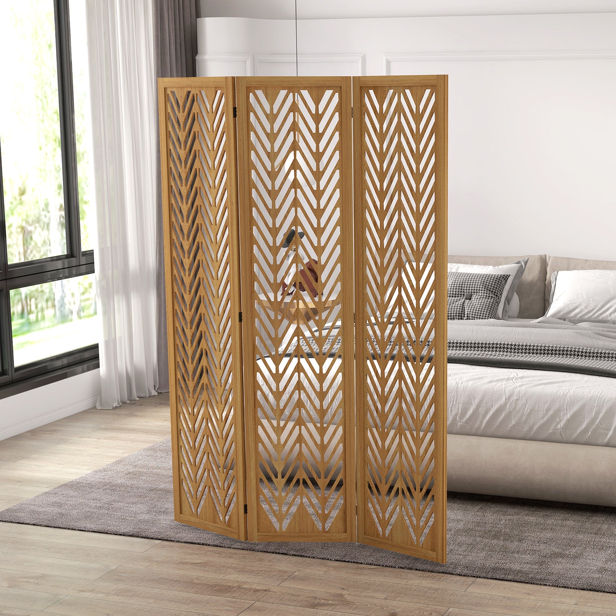 3-Panel Foldable Room Divider 120x1.7x170 cm Natural Wood Geometric Pattern Room Partition for Office Bedroom