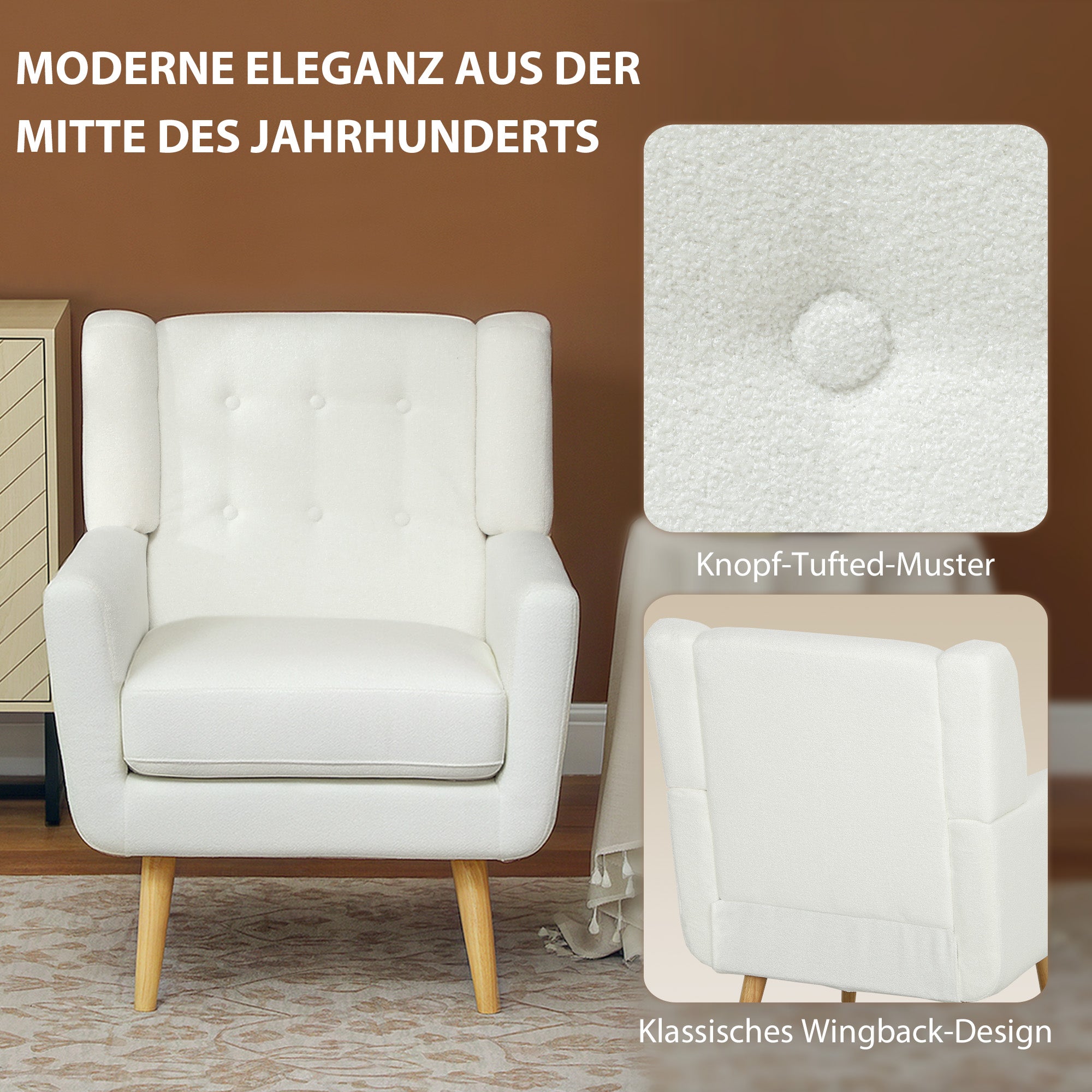 Armchair Living Room Wingback Chair Tufted Lounge Chair with Teddy Fleece Look, Wood Legs, Upholstered Chair for Bedroom, White