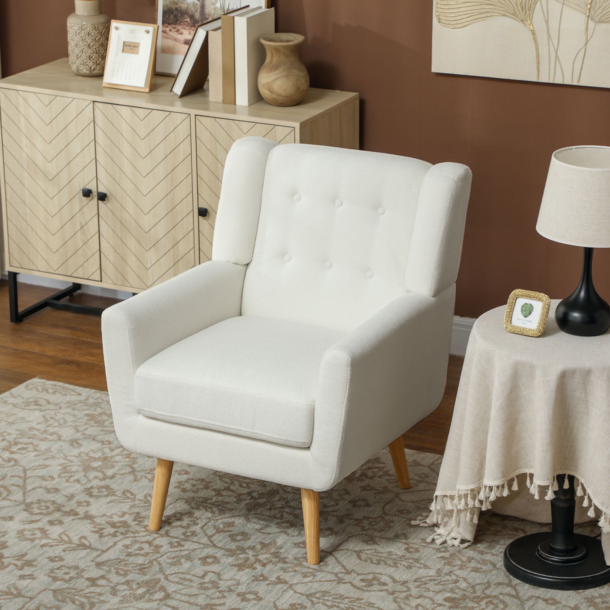 Armchair Living Room Wingback Chair Tufted Lounge Chair with Teddy Fleece Look, Wood Legs, Upholstered Chair for Bedroom, White
