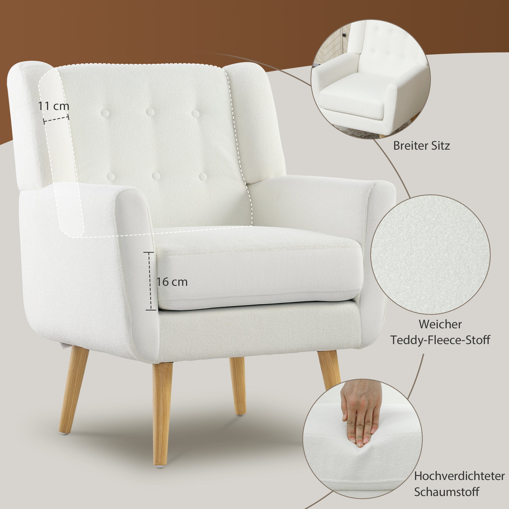 Armchair Living Room Wingback Chair Tufted Lounge Chair with Teddy Fleece Look, Wood Legs, Upholstered Chair for Bedroom, White