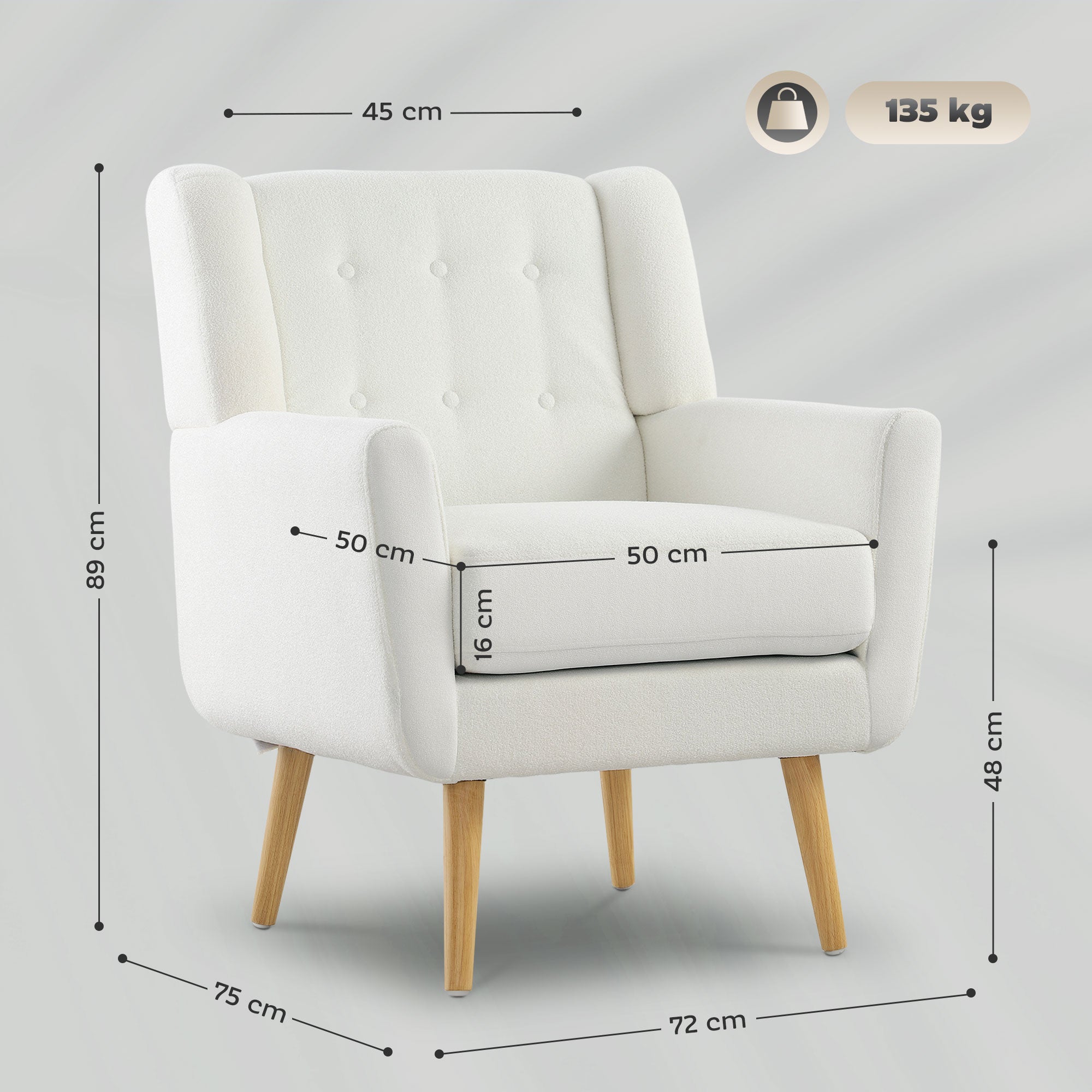 Armchair Living Room Wingback Chair Tufted Lounge Chair with Teddy Fleece Look, Wood Legs, Upholstered Chair for Bedroom, White