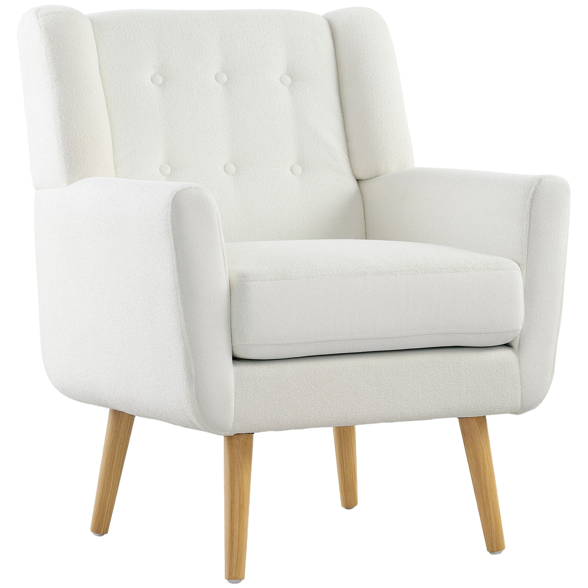 Armchair Living Room Wingback Chair Tufted Lounge Chair with Teddy Fleece Look, Wood Legs, Upholstered Chair for Bedroom, White