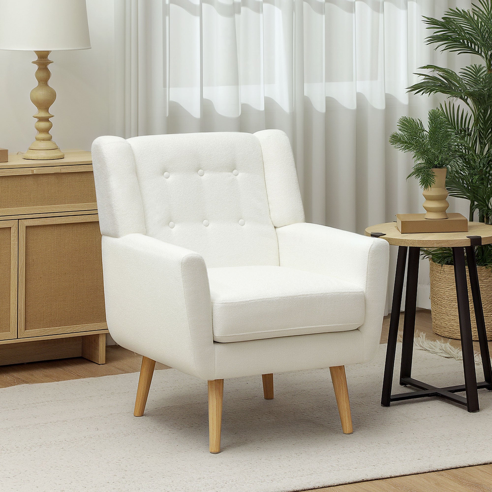 Armchair Living Room Wingback Chair Tufted Lounge Chair with Teddy Fleece Look, Wood Legs, Upholstered Chair for Bedroom, White