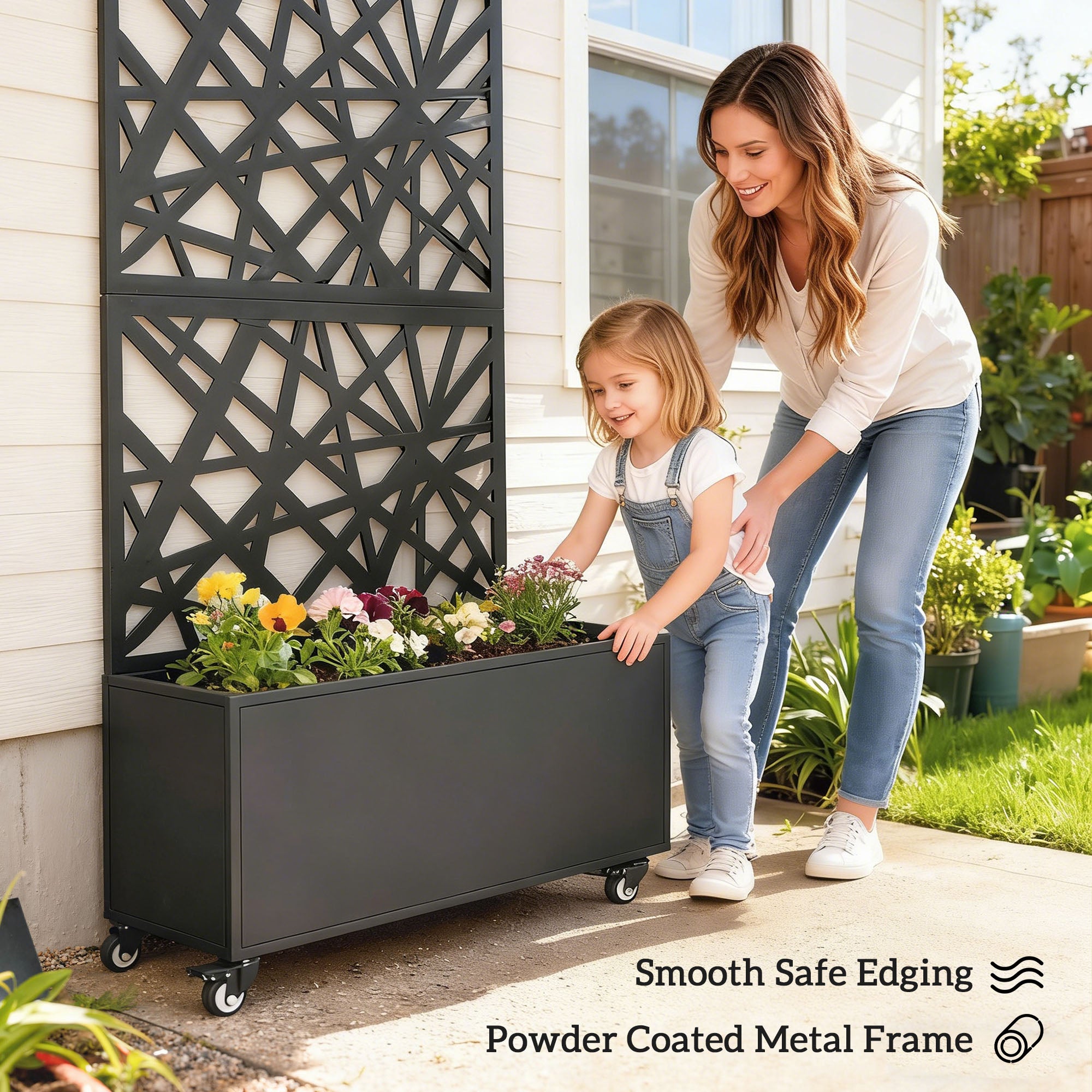 Elevated Outdoor Metal Planter with Trellis & Wheels — Drainage Holes, for Flowers & Vegetables, Garden & Balcony, 35.4×11.8×63 in, Black