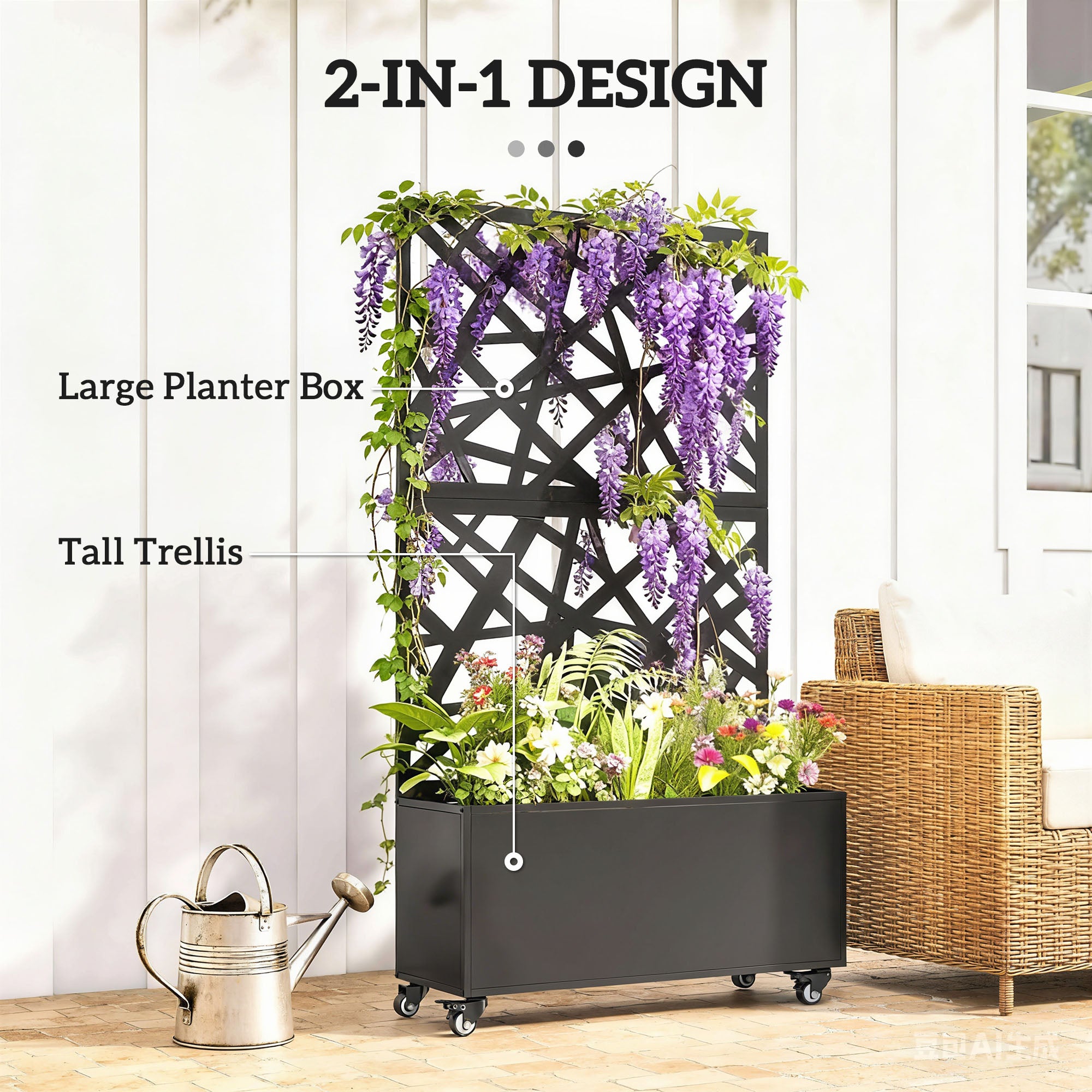 Elevated Outdoor Metal Planter with Trellis & Wheels — Drainage Holes, for Flowers & Vegetables, Garden & Balcony, 35.4×11.8×63 in, Black
