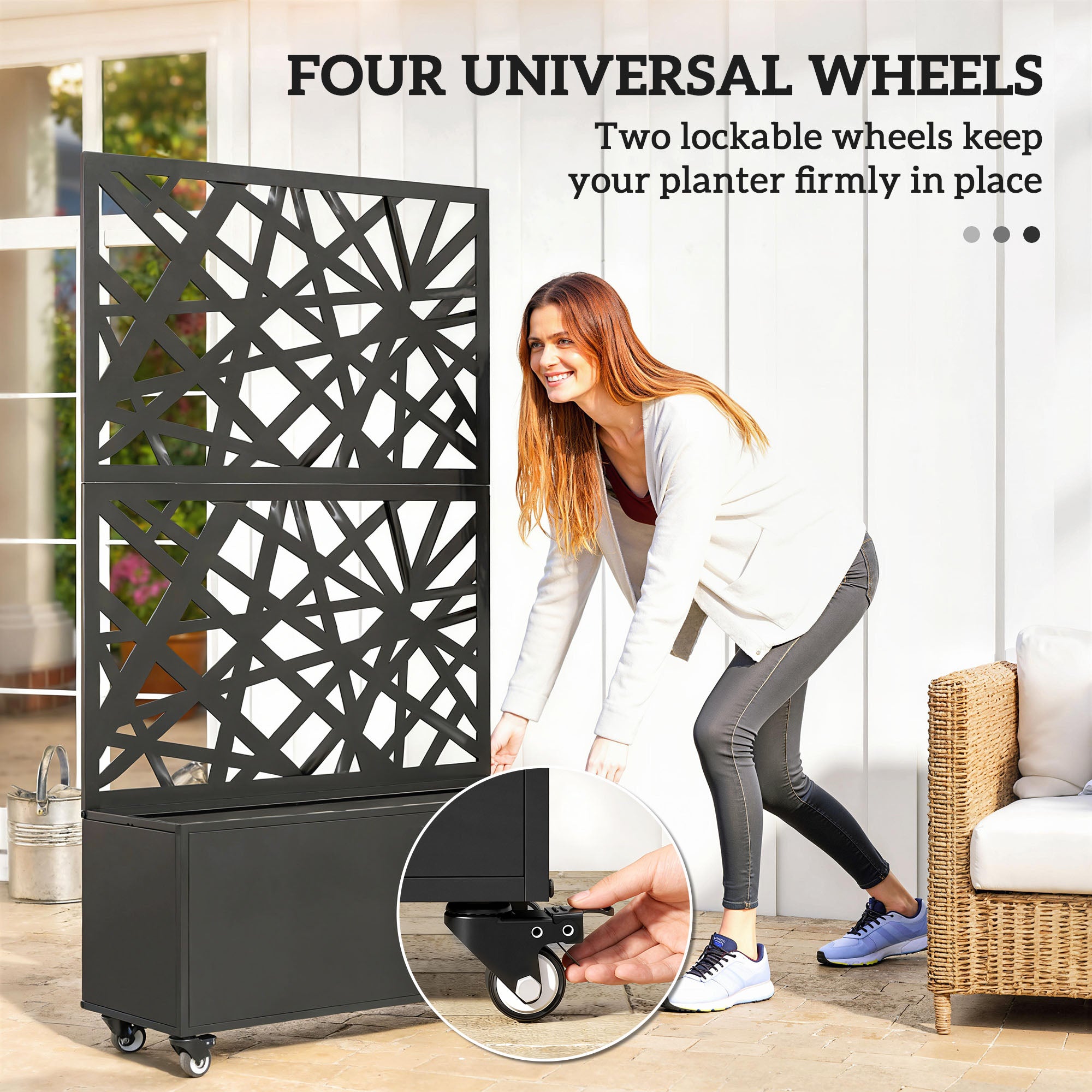 Elevated Outdoor Metal Planter with Trellis & Wheels — Drainage Holes, for Flowers & Vegetables, Garden & Balcony, 35.4×11.8×63 in, Black