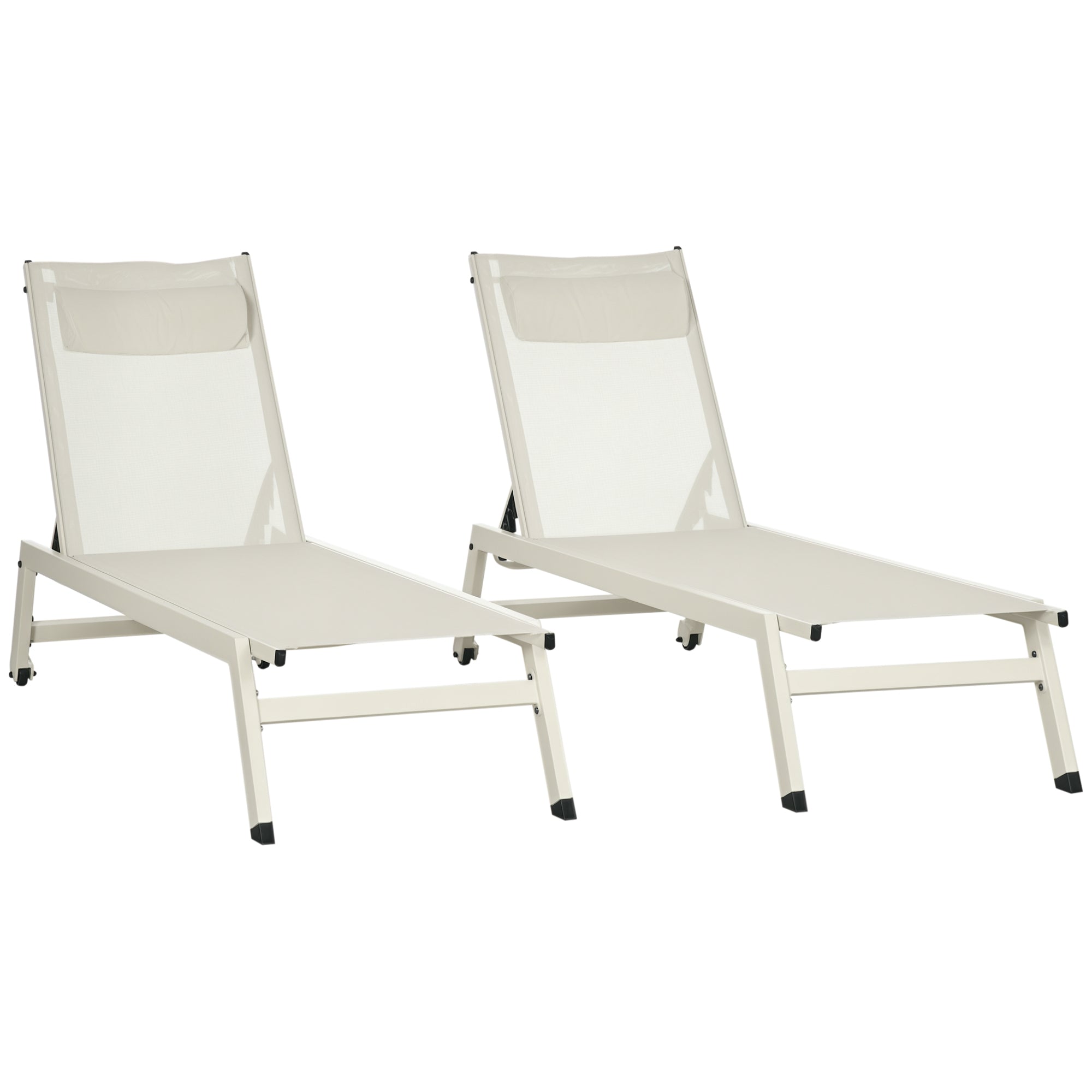Aluminum and Polyester Sun Lounger Chaise Longue Set 2 Pieces Beige for Garden with 5 Reclining Levels, 55x195x30 cm