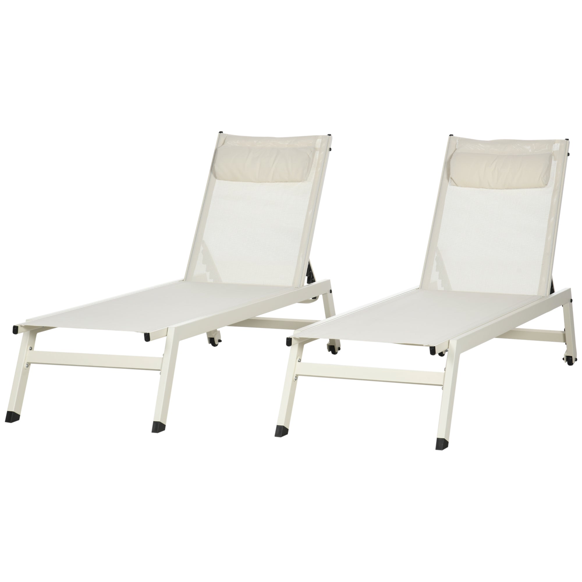 Aluminum and Polyester Sun Lounger Chaise Longue Set 2 Pieces Beige for Garden with 5 Reclining Levels, 55x195x30 cm