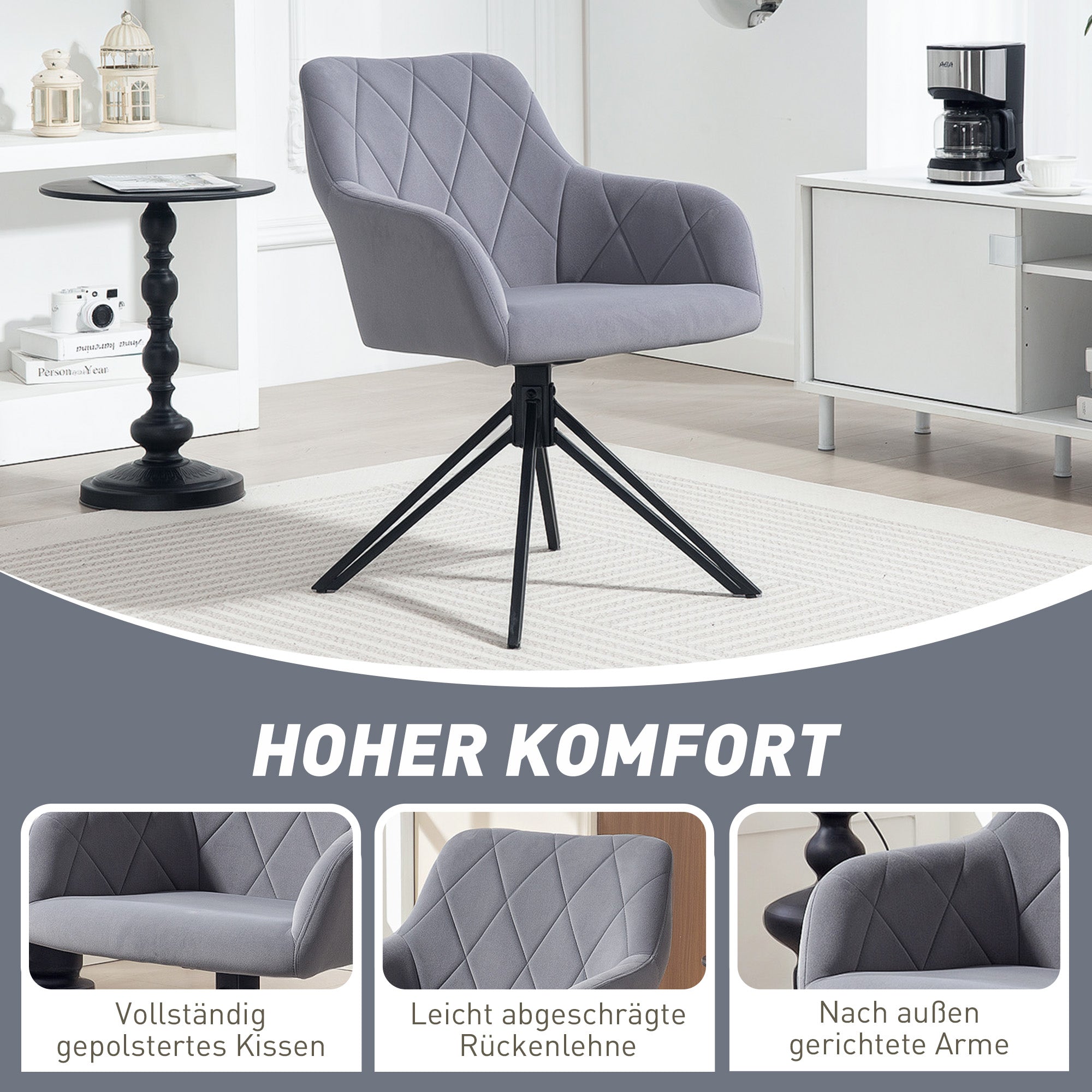 Dining Chair Upholstered Chair with Armrest Kitchen Chair Living Room Chair Velvet Retro Design Steel Gray 58 x 60.5 x 79 cm