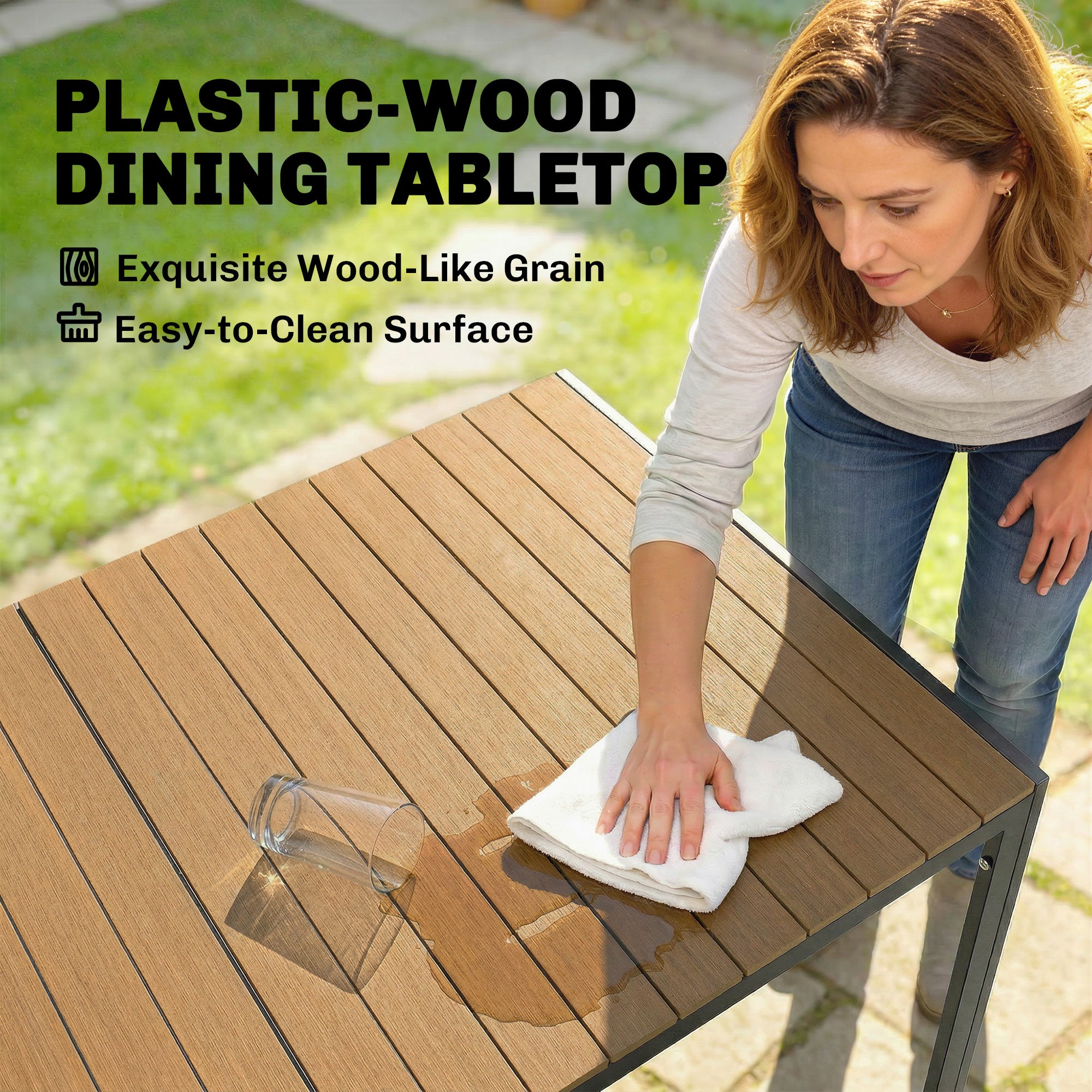 7-Piece Outdoor Dining Set — 1 Table & 6 Cushioned Chairs, Natural Wood Finish