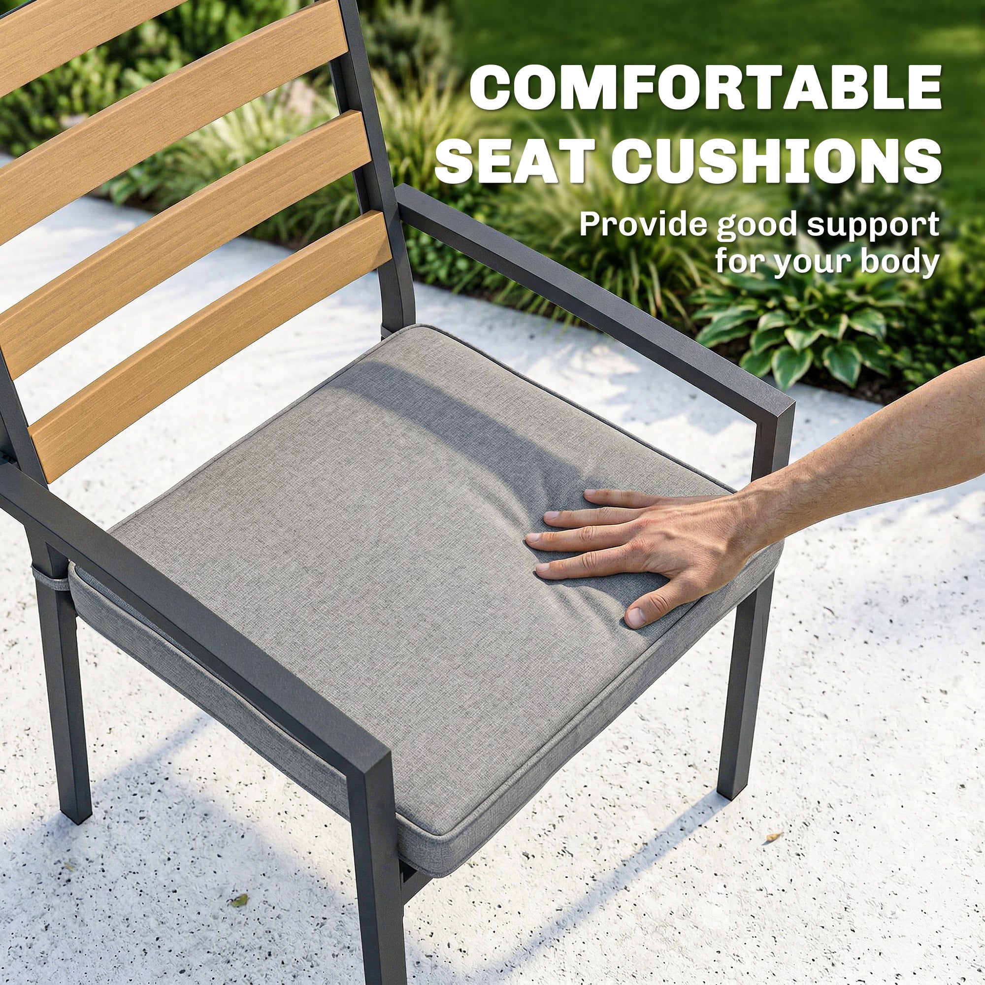 7-Piece Outdoor Dining Set — 1 Table & 6 Cushioned Chairs, Natural Wood Finish